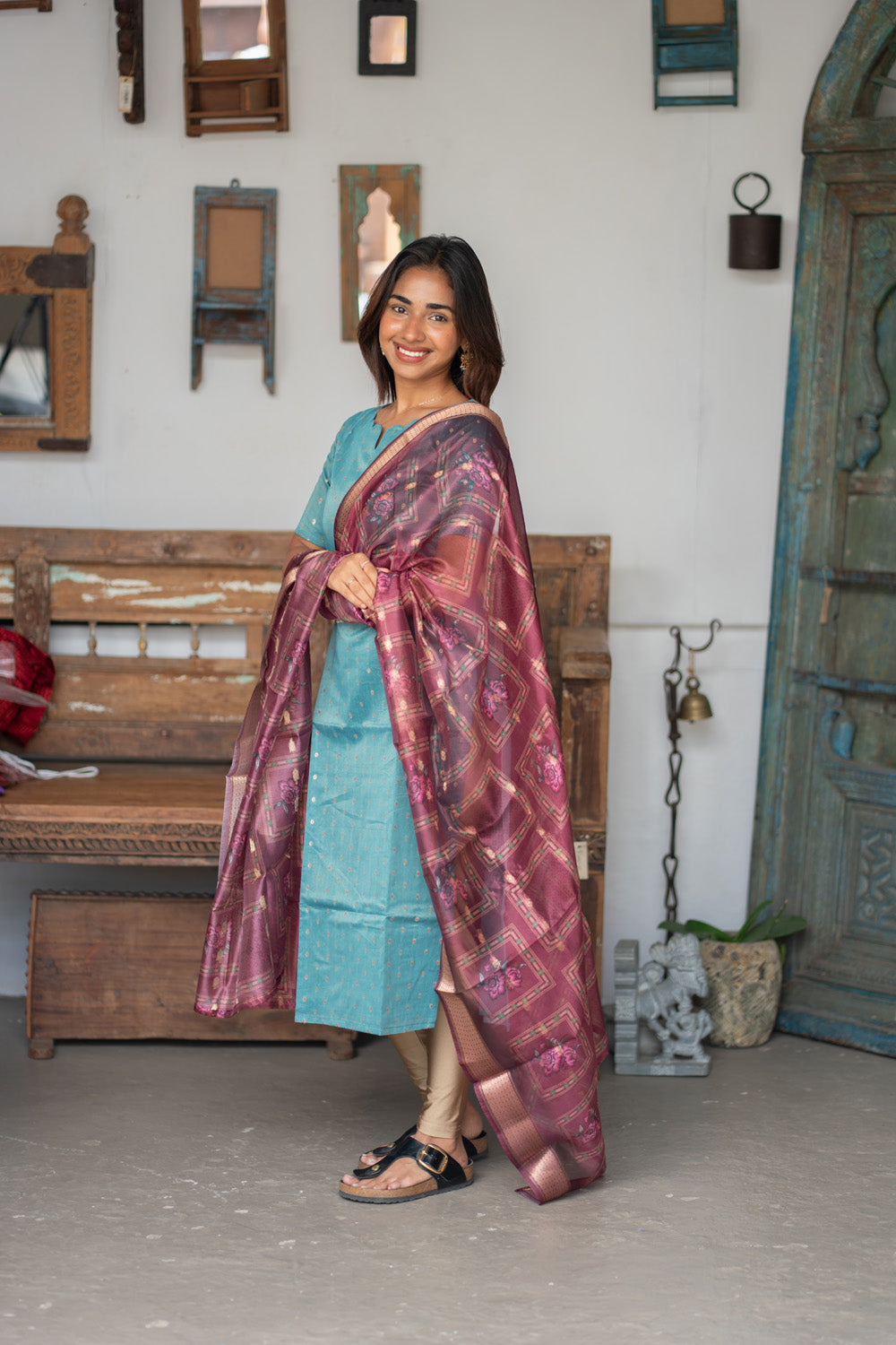 Blue Raw Silk Kurti with Beautiful Motifs paired with Organza Dupatta