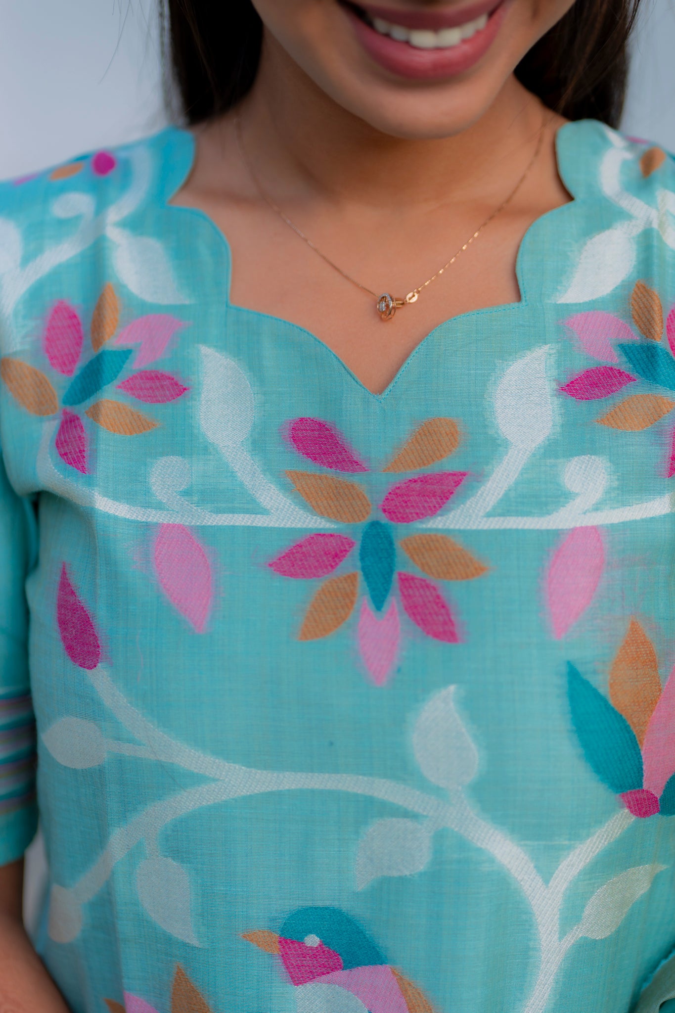 AA202 Blue Floral Linen Jamdhani 3 Pc Set