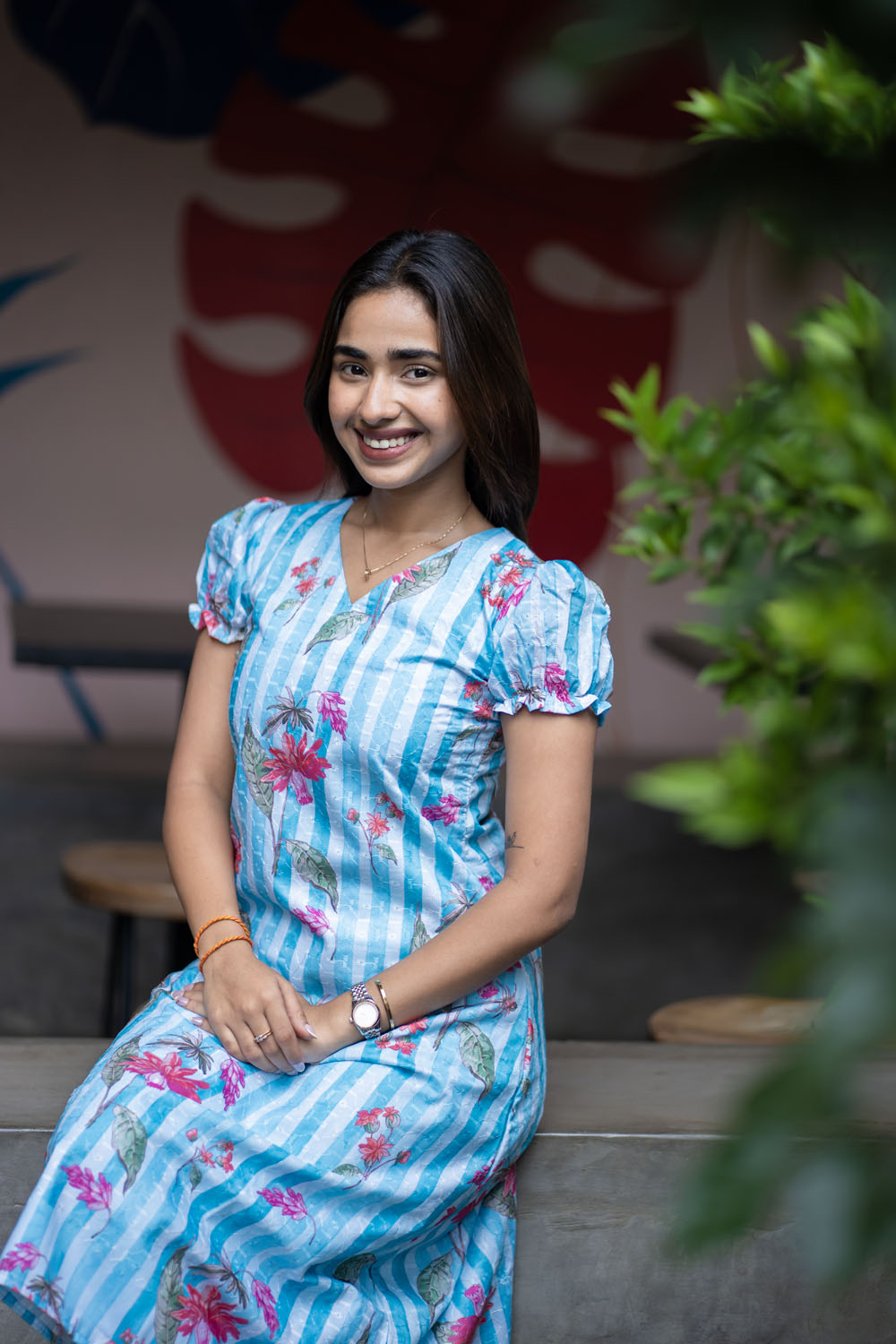 AA257 Blue with White Stripes Cambric Hakoba Floral Aline Kurti