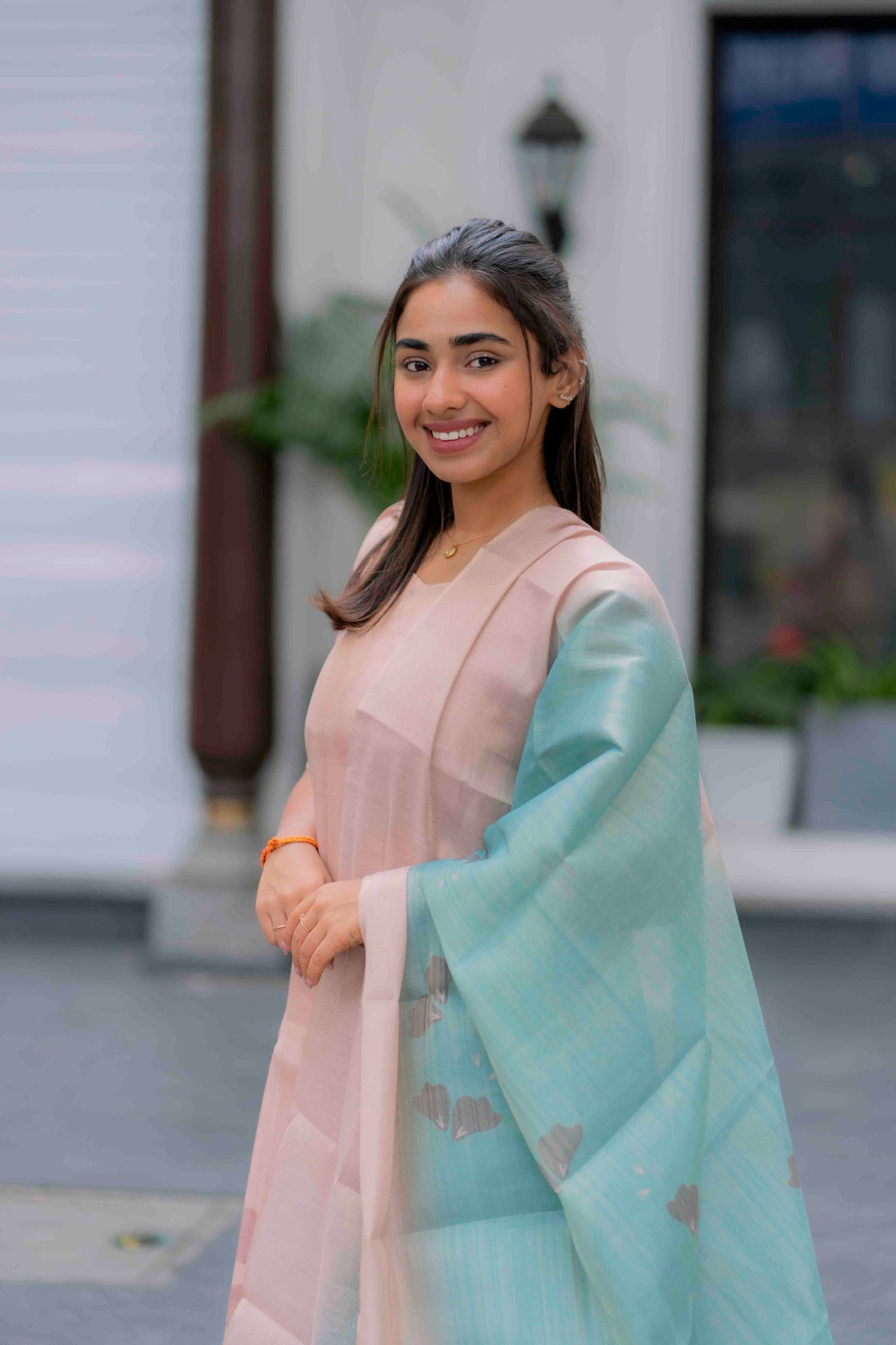 AA200 Cream Beige with Blue Combo Tissue Silk 3 Pc Set