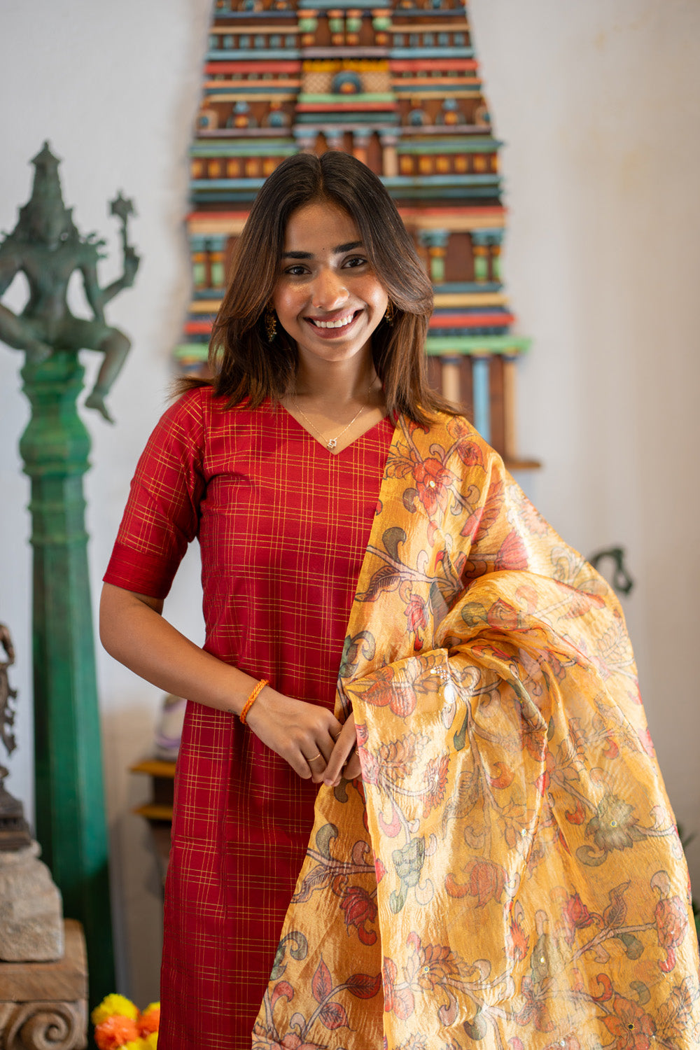 AA308 Red Triple Checks Pure Raw Silk Kurti & pant with Yellow Crush silk Organza Dupatta with Mirror work & floral Penkalamkari prints