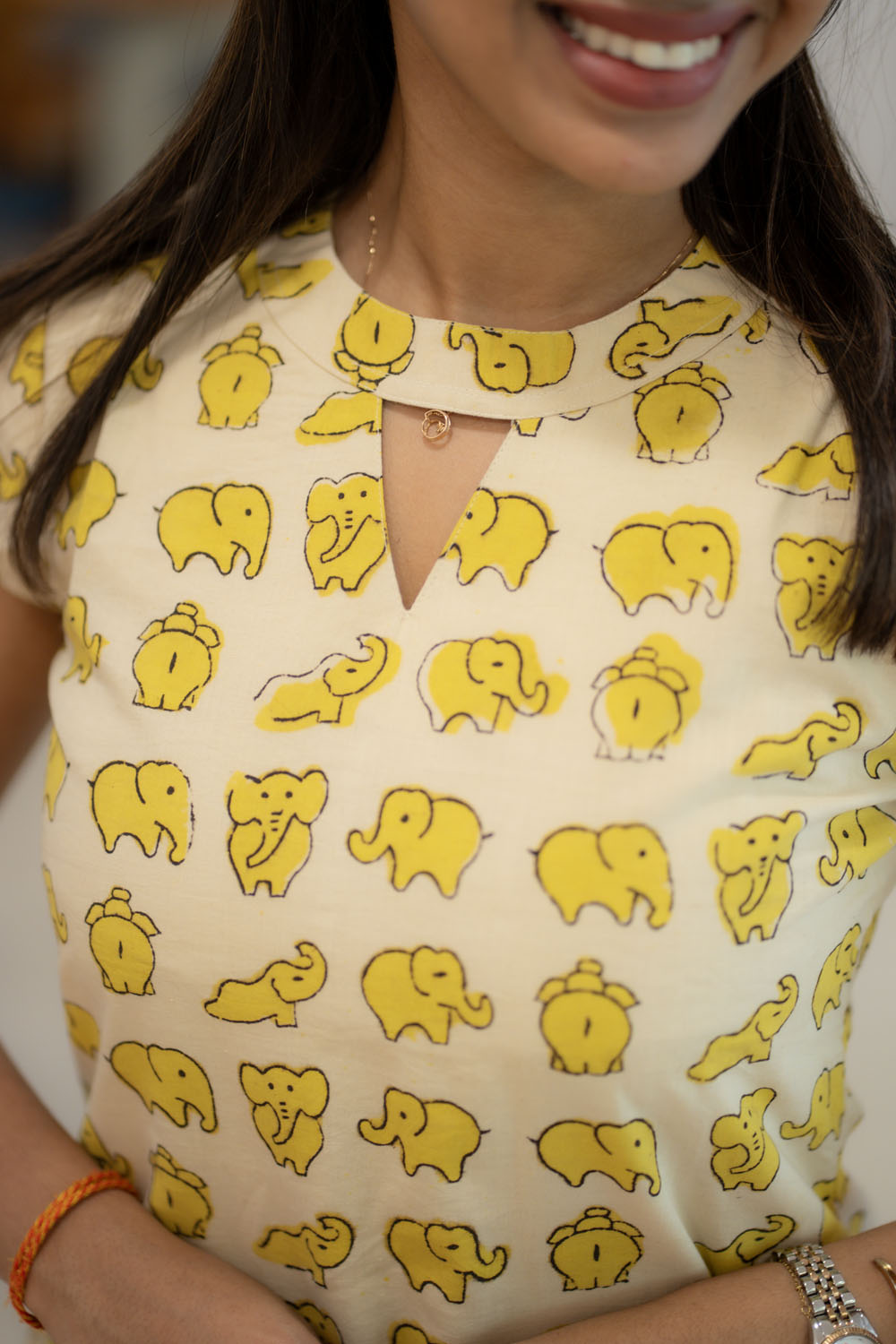 AA223 Beige Colour Yellow Elephant Print Cotton Aline Dress