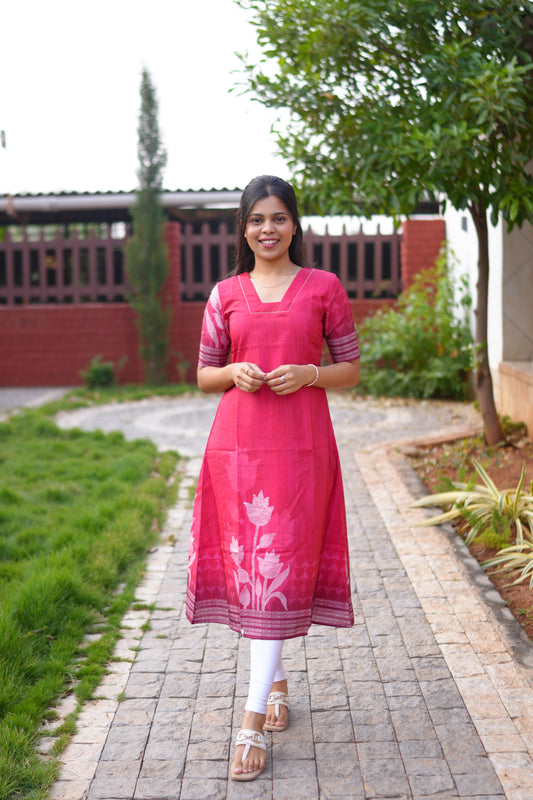 AA175  Cherry Red Ho Silk Aline kurti