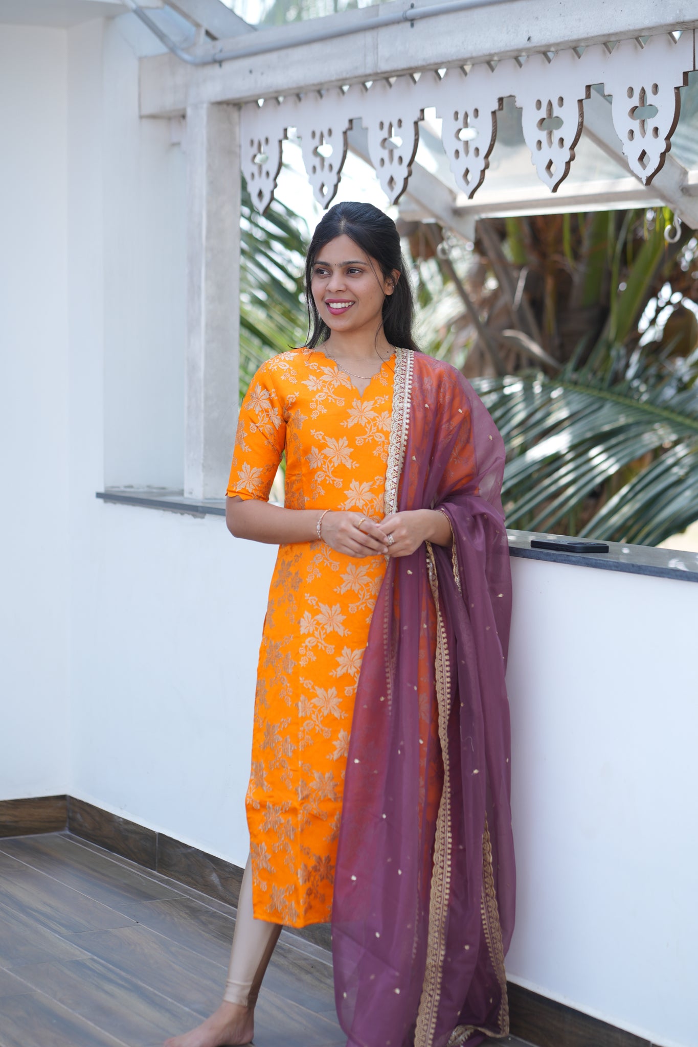 AA152 Dark Orange Brocade Silk Kurti with Wine Organza Sequence Dupatta