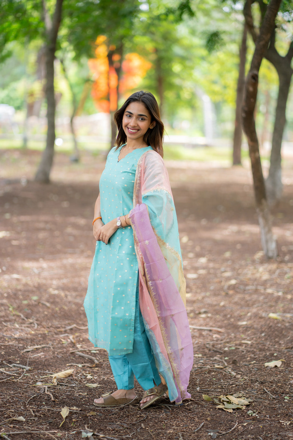 Blue Designer Silk Top & Pant with Multicolour Dupatta