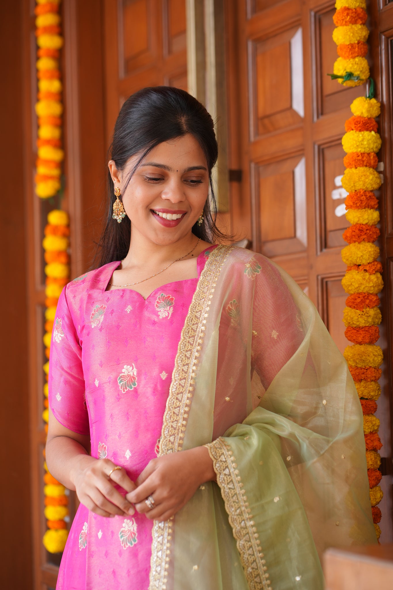 AA163 Pink Shimmer Silk A line Kurti with Pastel Green Organza Dupatta