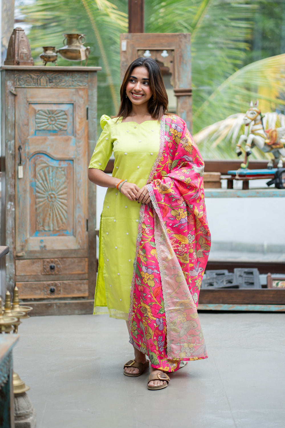 AA299 Gulabi Kalamkari Silk set (Pistachio Beads work Organza Kurti with Kalamkari Silk Dupatta with Scallop at the edges)