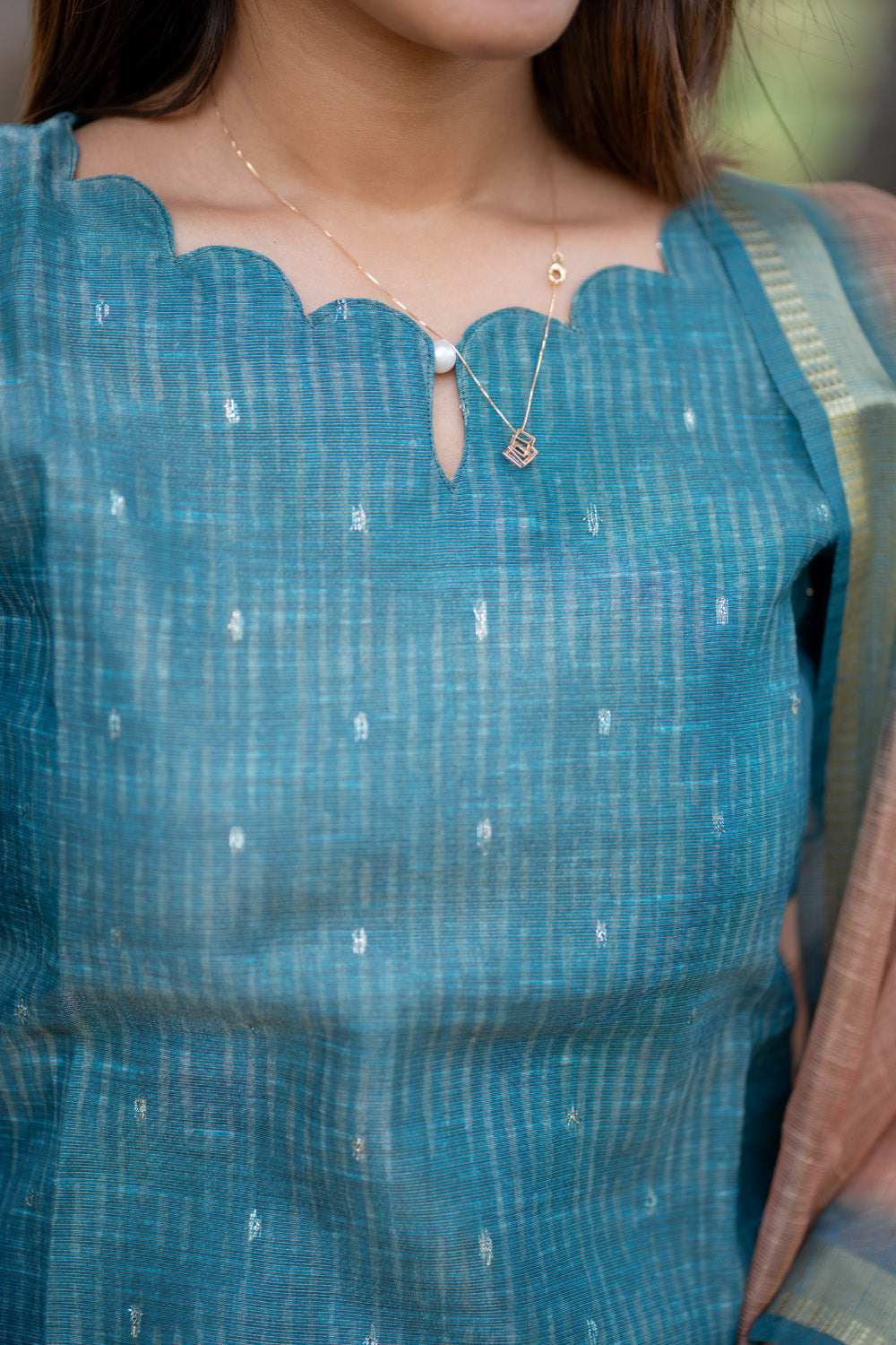 AA297 Teal Blue Chanderi Tissue Silk With Stripes & Golden Motifs Kurti with Dupatta