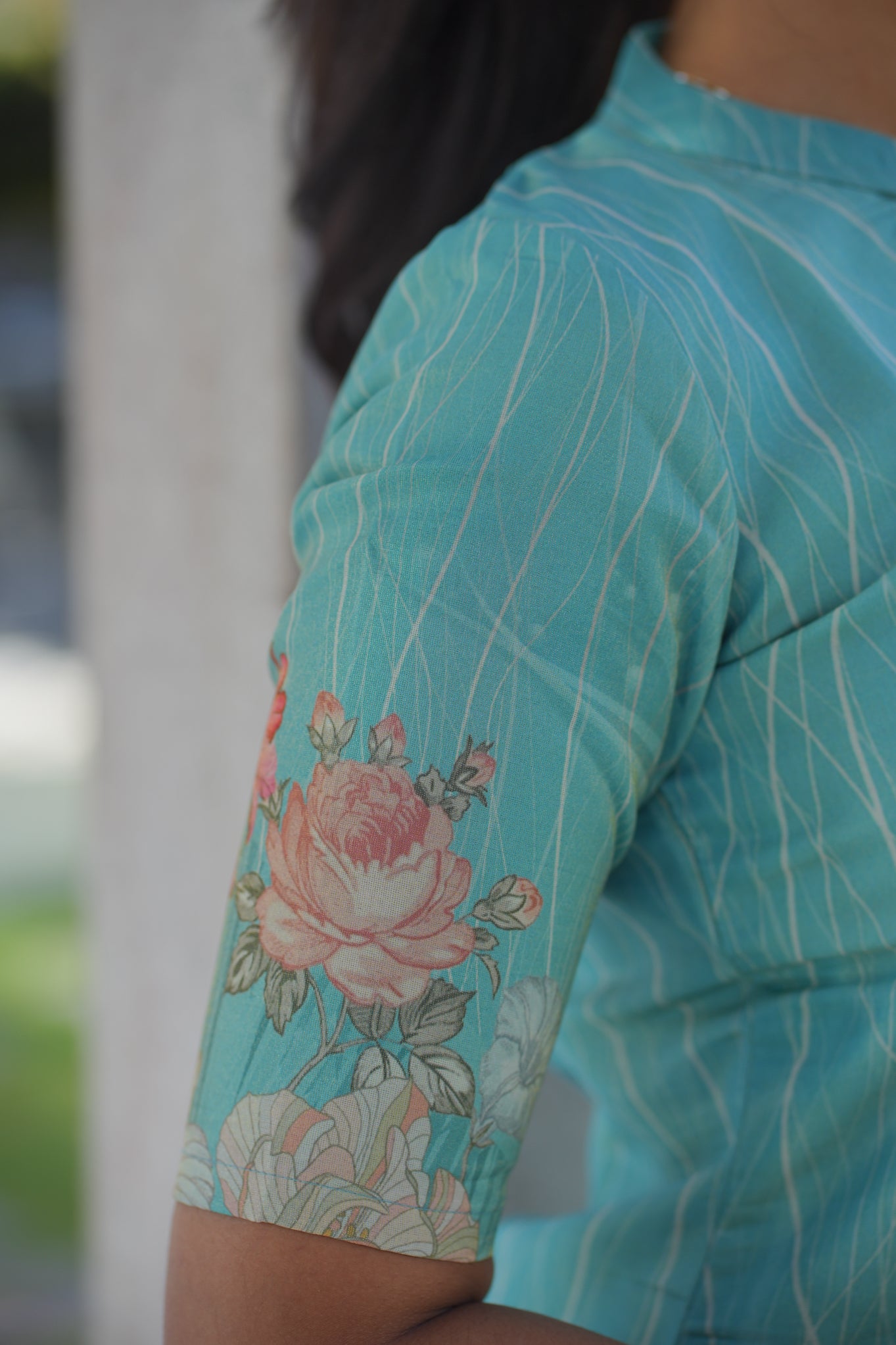 AA113 Blue Lines Tissue Silk Kurti with Dupatta