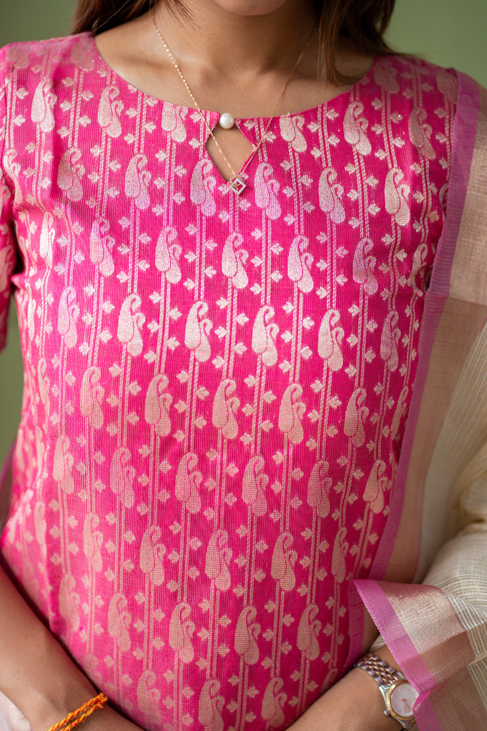 AA306 Pink Banarasi Silk Salwar Set With Beautiful Border & White Kota Dupatta with Pink Border