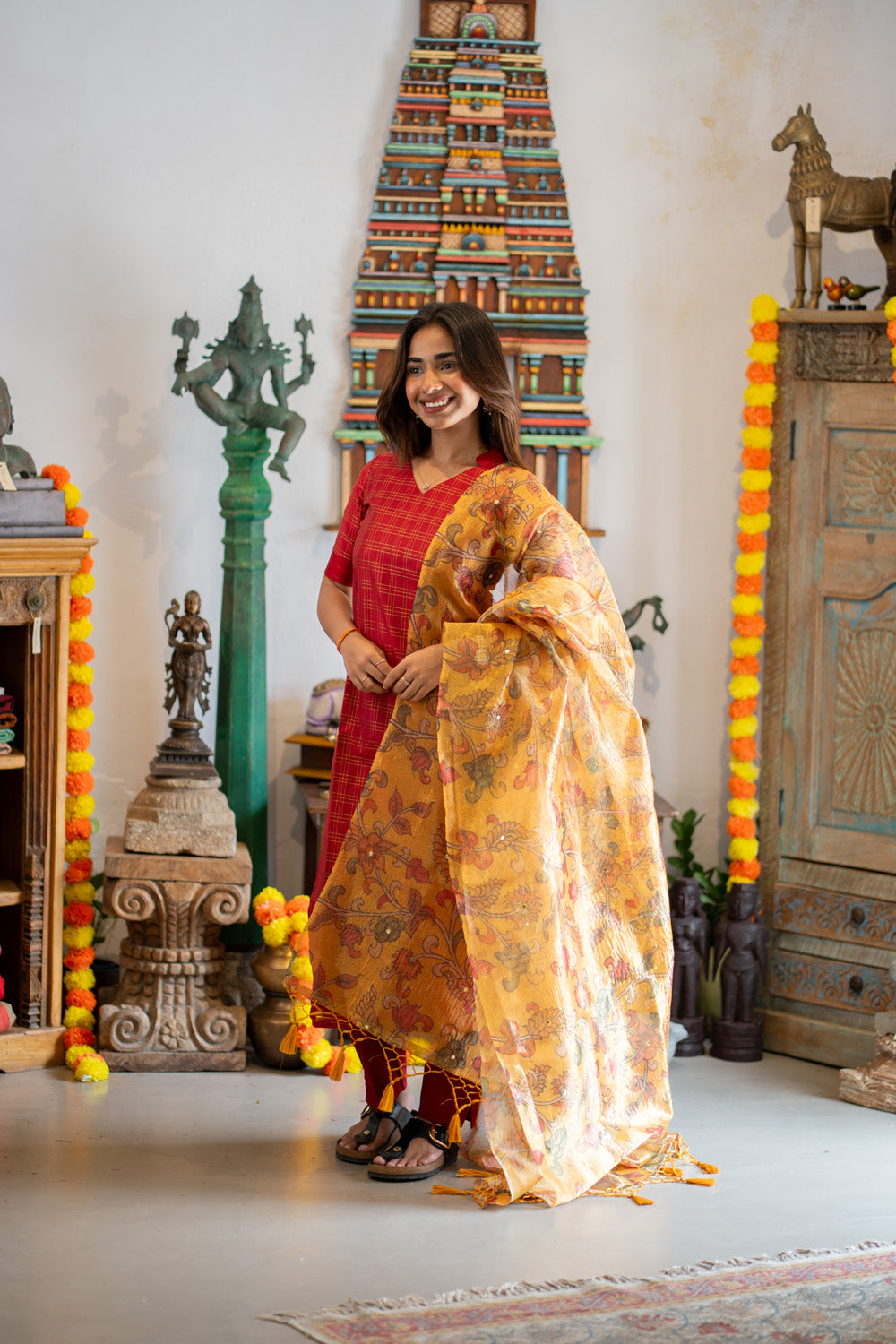 AA308 Red Triple Checks Pure Raw Silk Kurti & pant with Yellow Crush silk Organza Dupatta with Mirror work & floral Penkalamkari prints