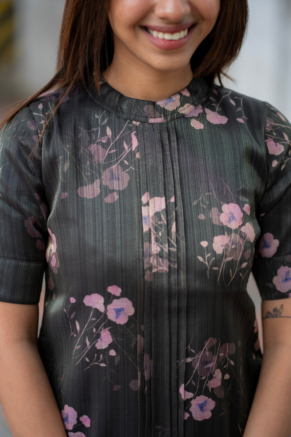 AA287 Black with Lavender Floral Shimmer Silk Kurti