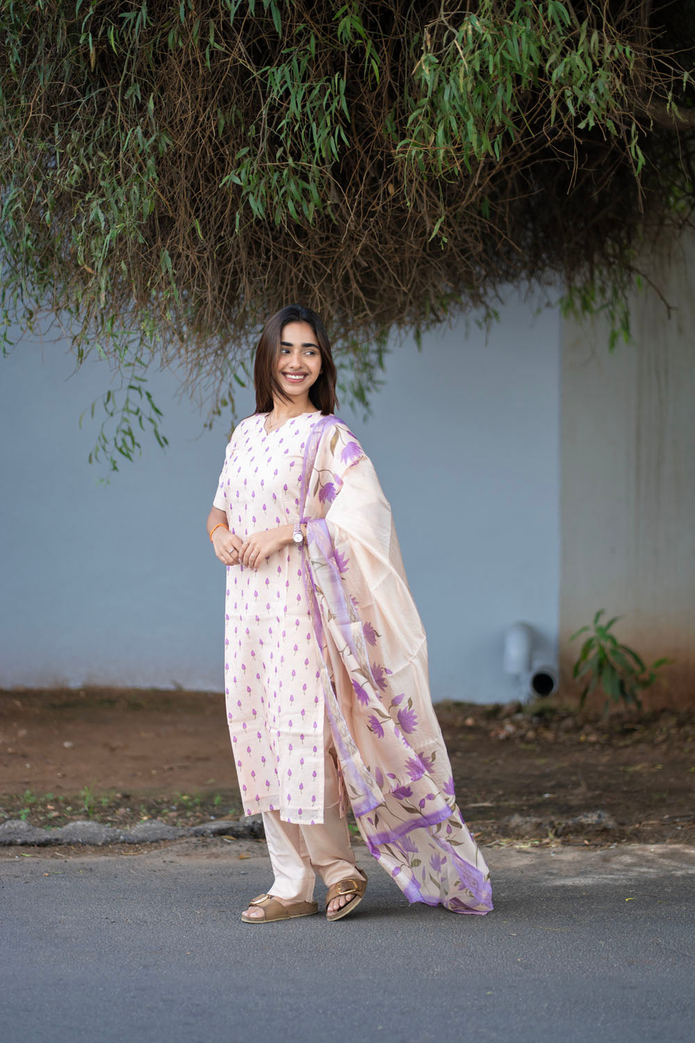 AA252 Beige with Lavender Combo Kota Floral 3 Pc Set