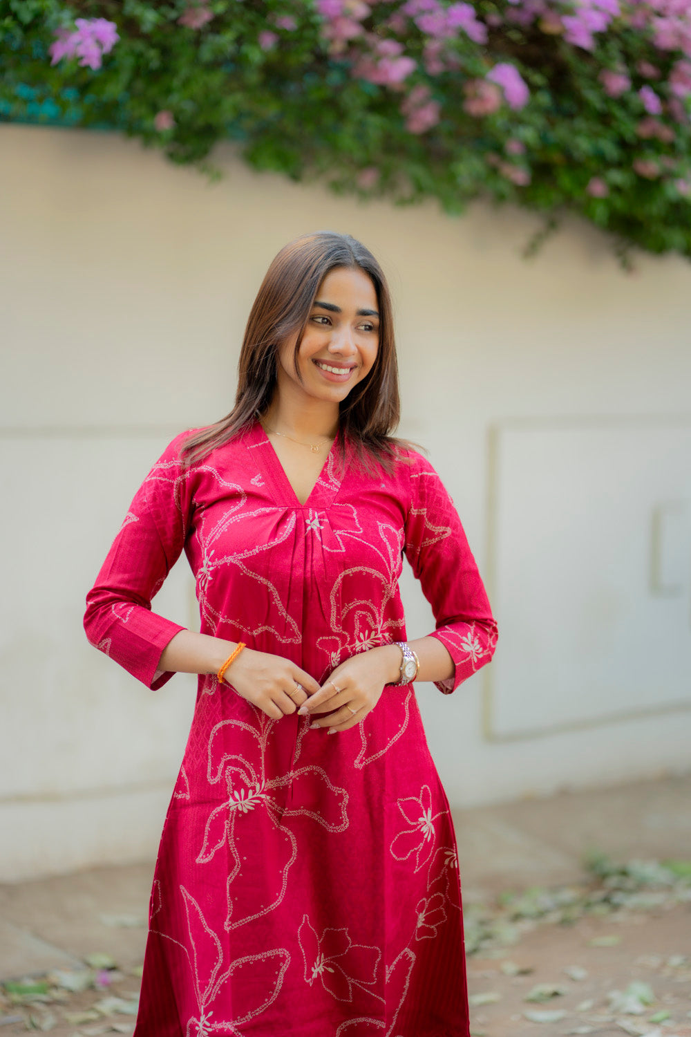AA233 Raspberry Bandhani Floral print Flex Cotton Aline Kurti