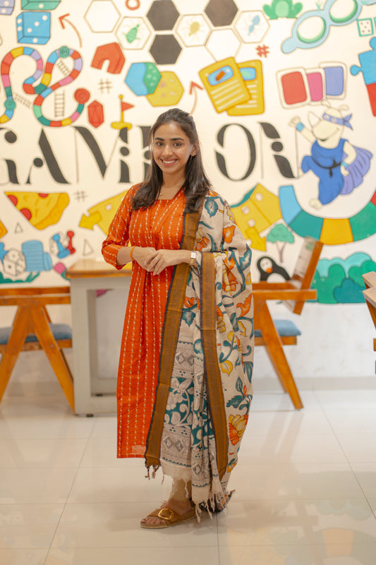 AA140 Orange Raw Silk Kurti with Kalamkari Dupatta