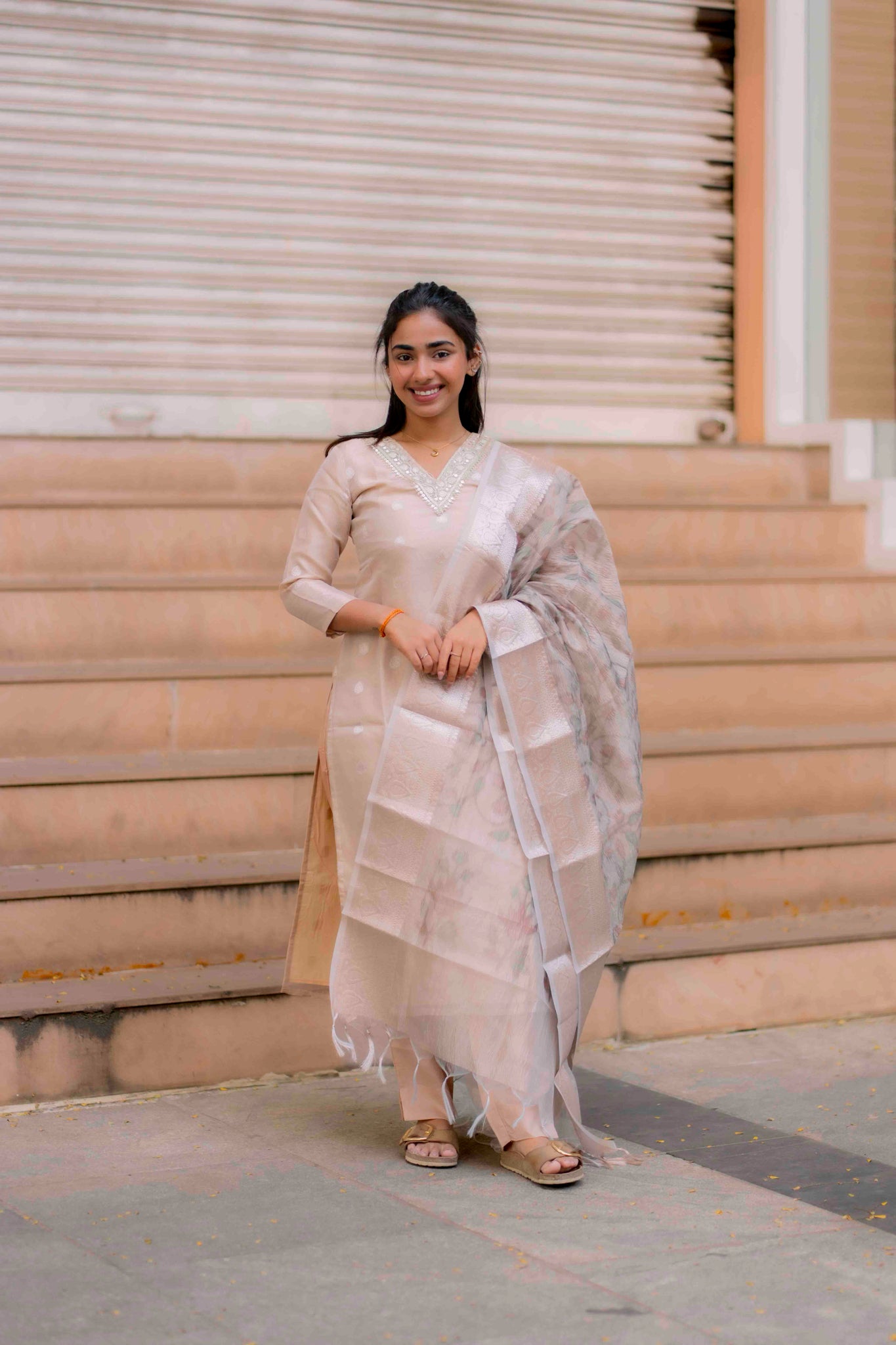 AA204 Beige Colour Organza Silk 3 Pc Set