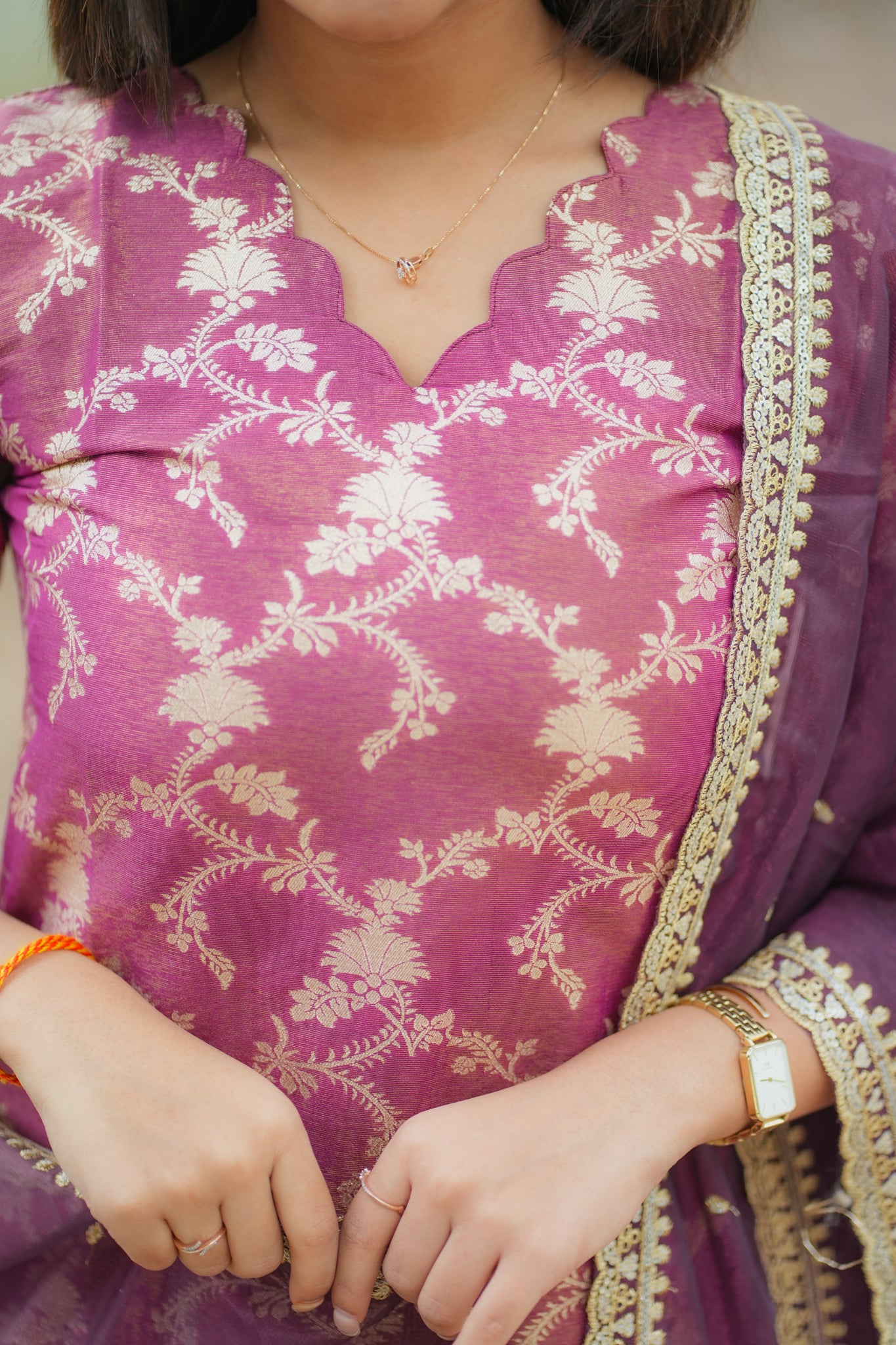 AA162  Wine with Golden Floral Zari Weaving Tissue Silk Kurti with Organza Sequence Dupatta