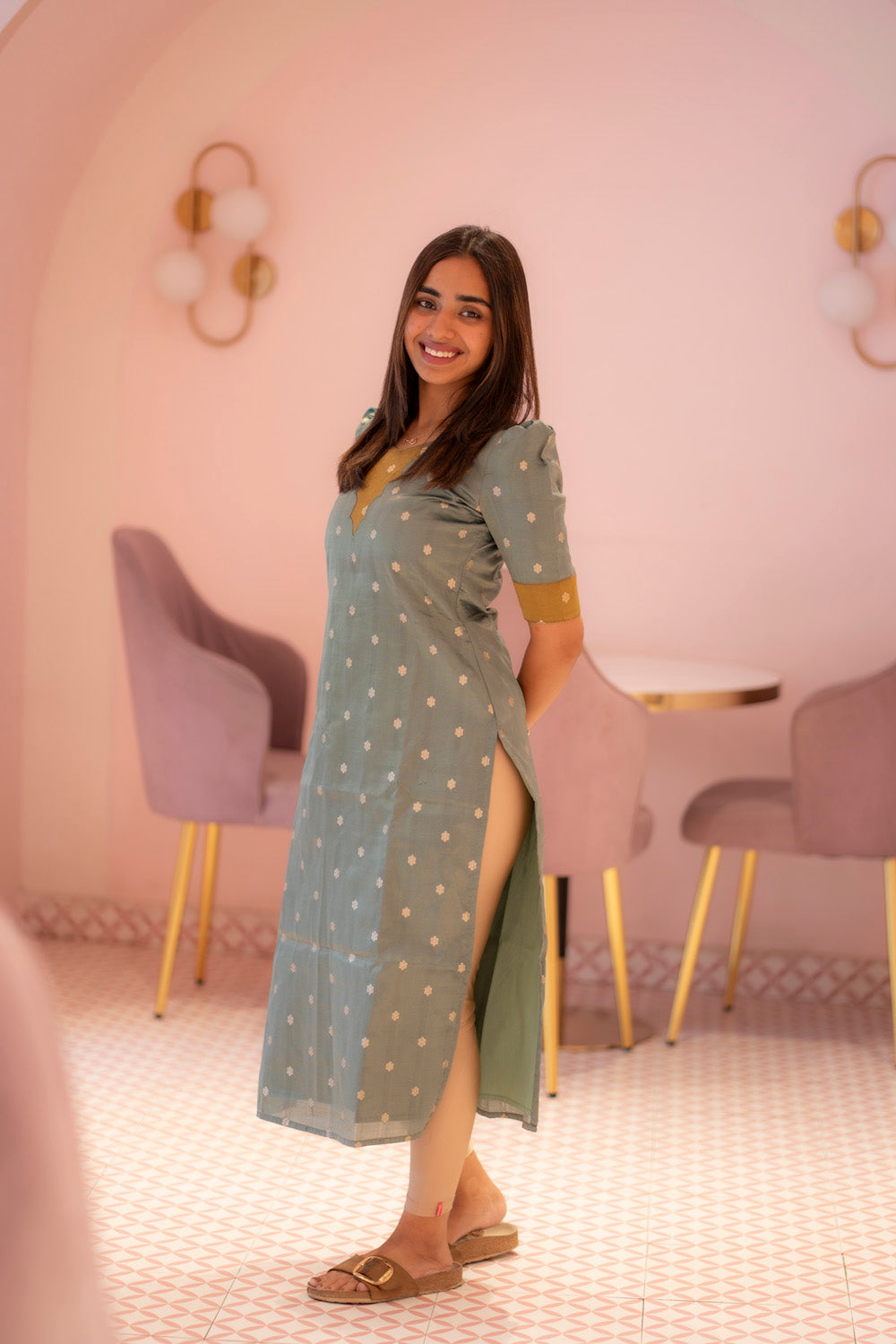 AA180A Teal Blue With Mustard Combo Shimmer Silk Kurti (warning :Don’t Iron Directly)