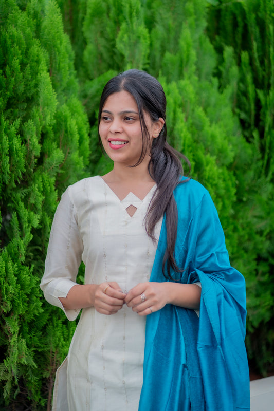 AA065 White with Golden Stripes Silk Kurti with Peacock Blue Dupatta