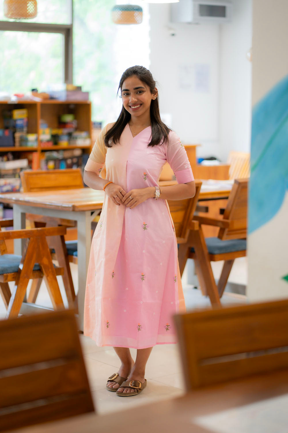 AA222 Peach with Pink Combo  Mul Chanderi Embroidery Aline Dress