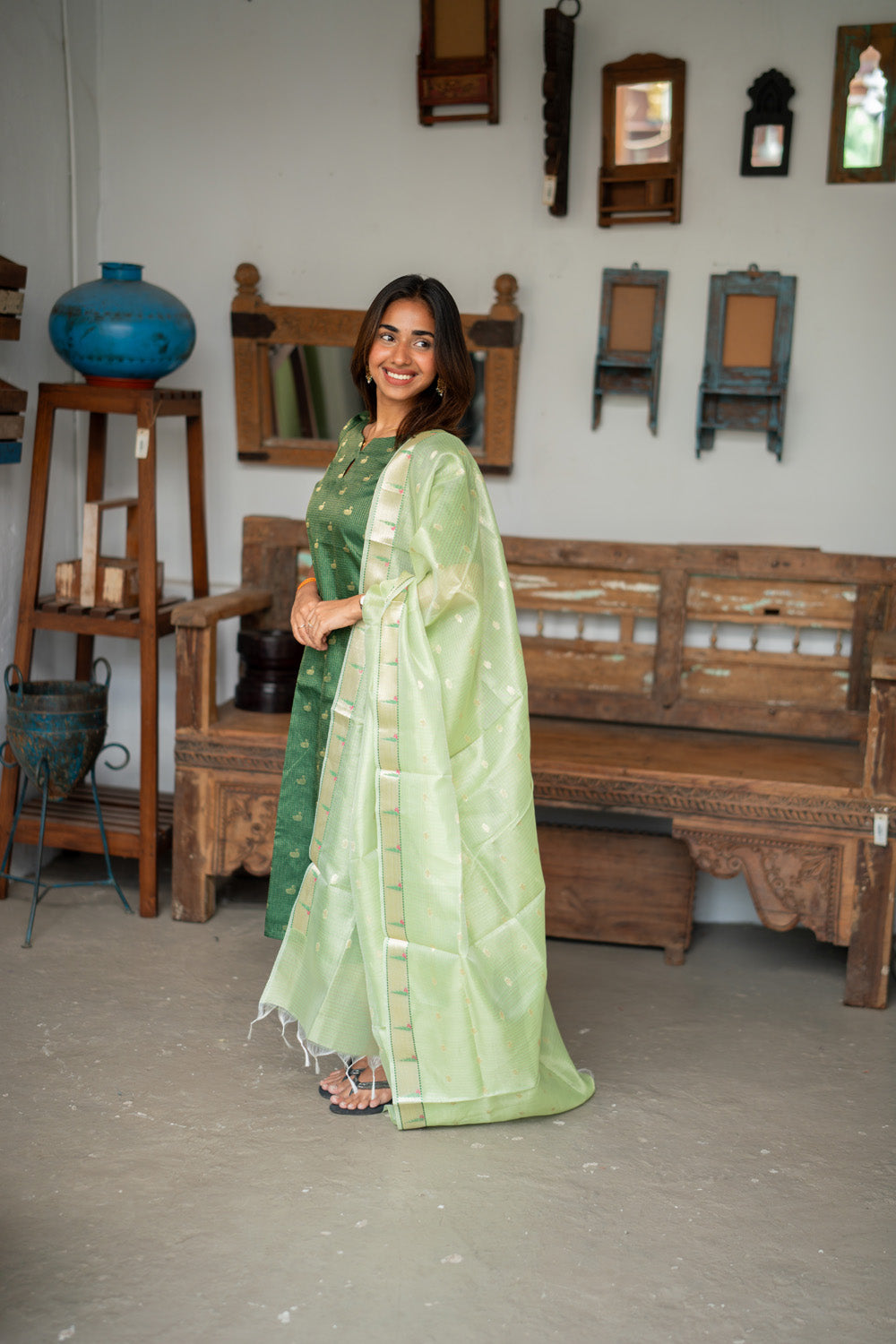 AA311 Bottle Green Checks Swan Print Tissue Silk Kurti with Light green Checks Paithani Border Tissue Silk Dupatta