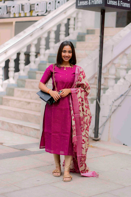 AA198 Dark Pink Raw Silk Kurti with Kalmkari Dupatta