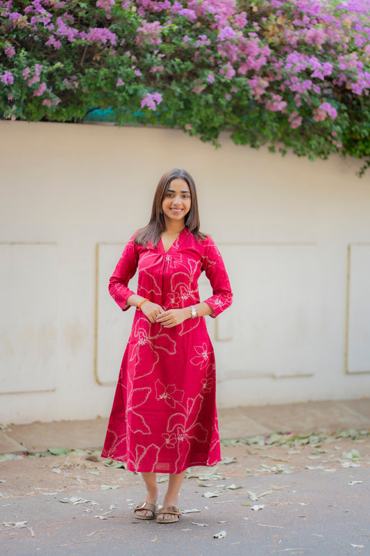 AA233 Raspberry Bandhani Floral print Flex Cotton Aline Kurti