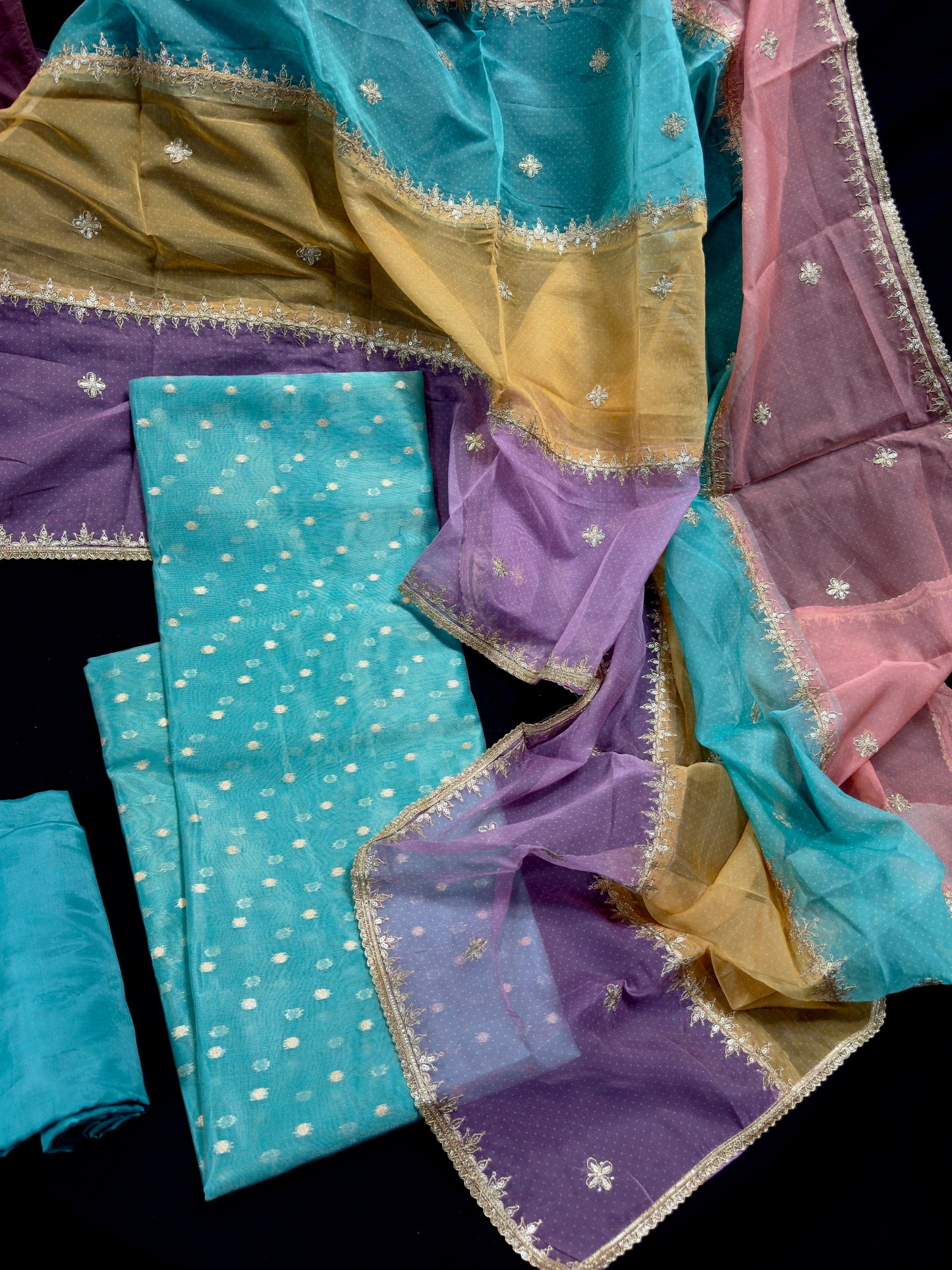Pure Silk Salwar material with Multicolour Dupatta