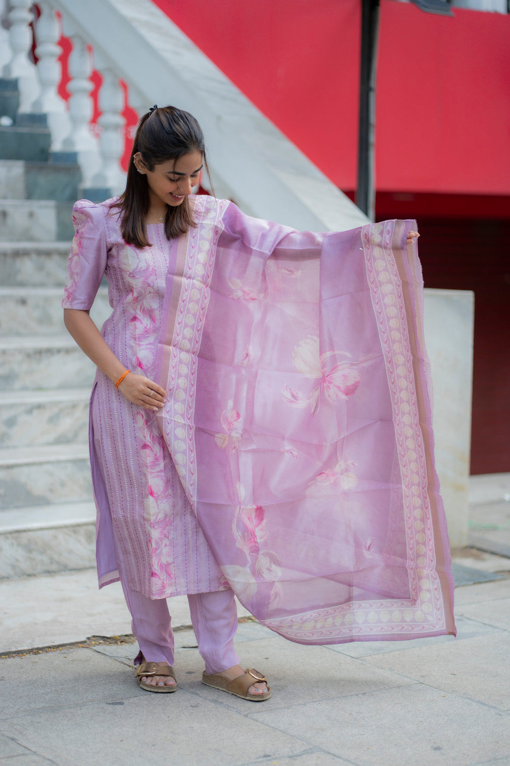 AA235 Lavender Floral Tussar Silk 3 Pc Set