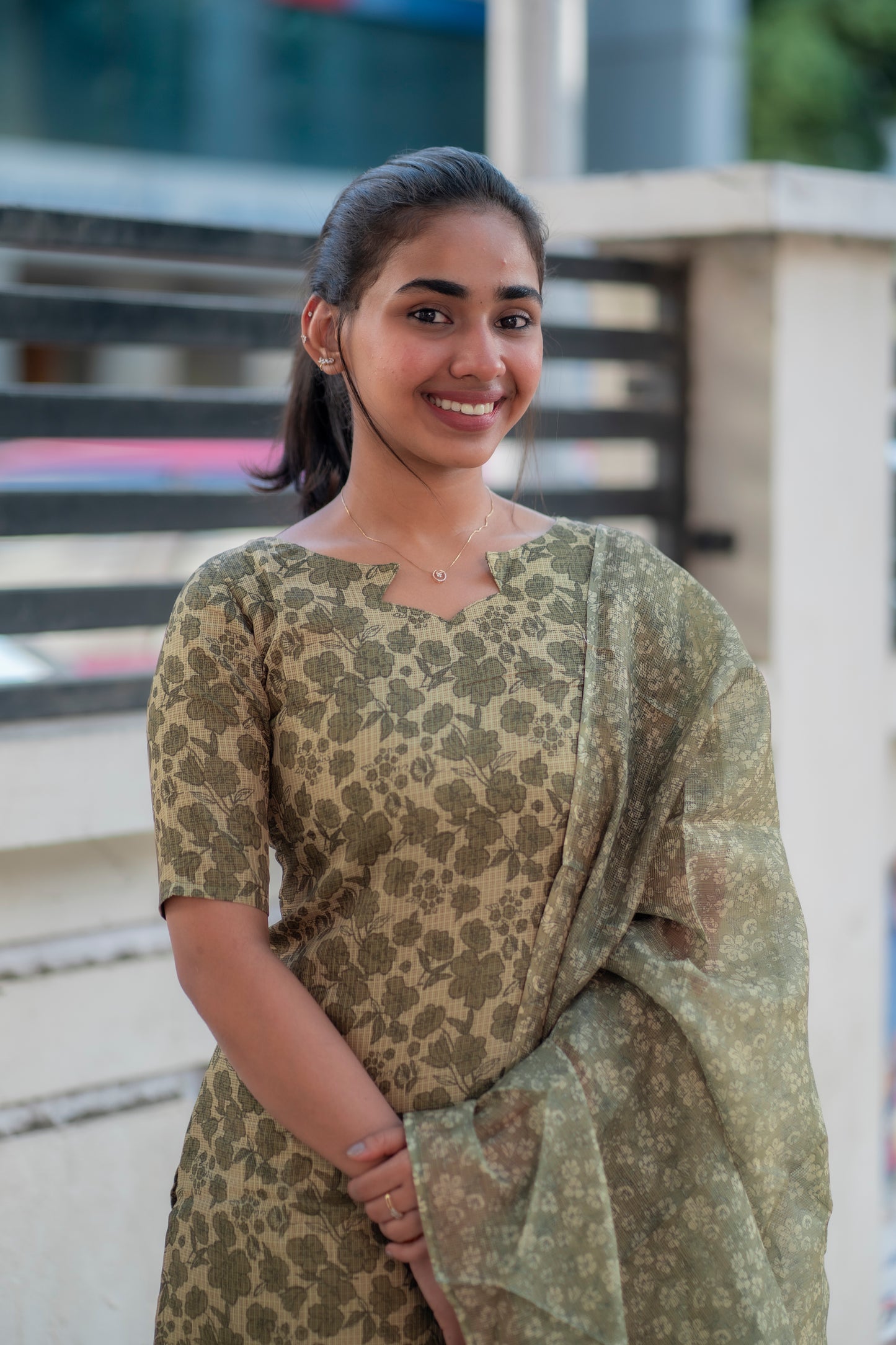 AA092 Green Floral Kota Kurti with Kota Dupatta