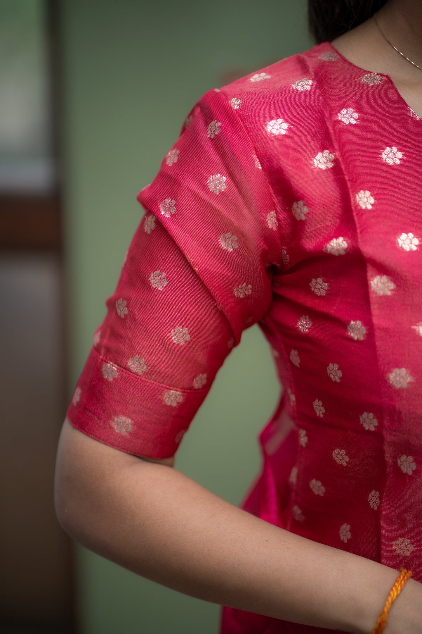 AA147 Rani Pink Chanderi Jacquard Silk Kurti With Shimmer Silk Dupatta