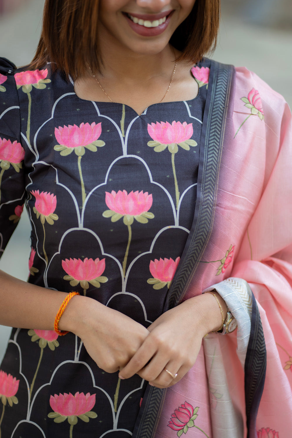 AA275 Black With Pink Lotus Kollam Silk Salwar set