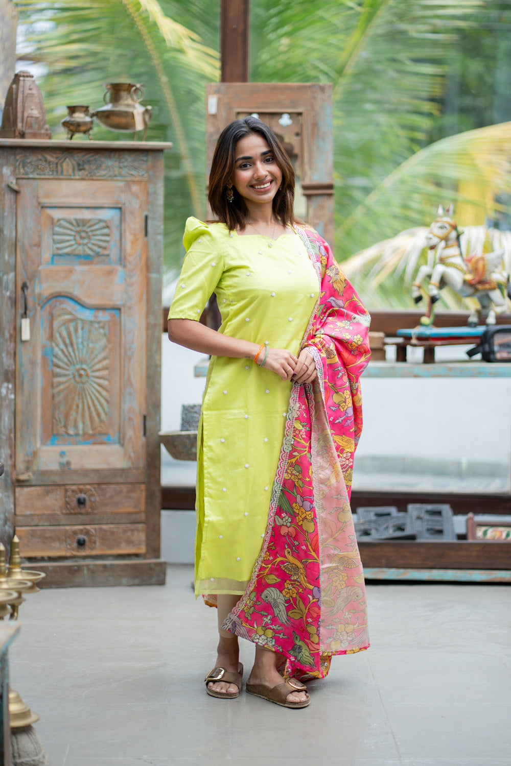 AA299 Gulabi Kalamkari Silk set (Pistachio Beads work Organza Kurti with Kalamkari Silk Dupatta with Scallop at the edges)
