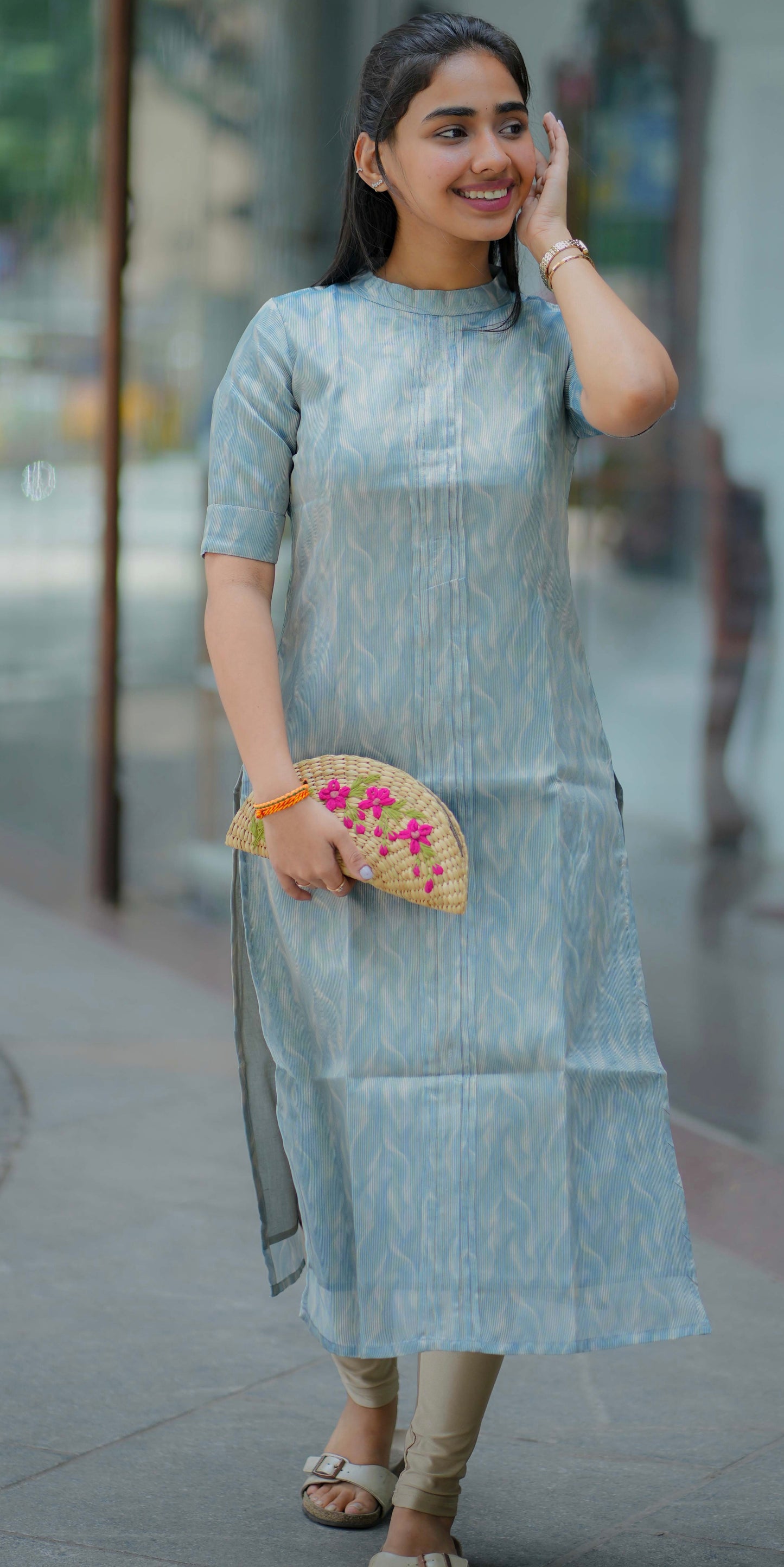 AA087 Light Blue Tissue Silk Kurti