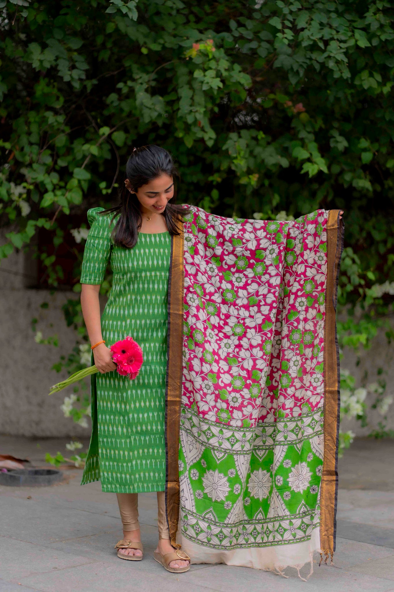 AA201 Green Ikkat Cotton Kurti with Kalmkari Dupatta