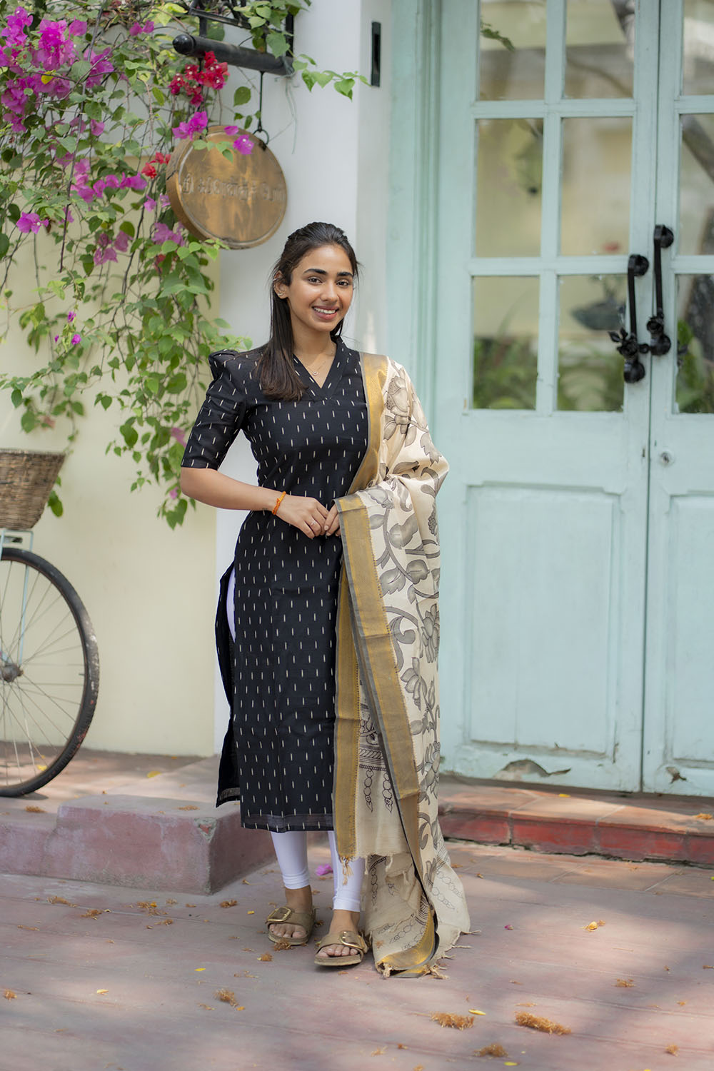 AA205 Black Raw Silk Kurti with Kalmkari Dupatta