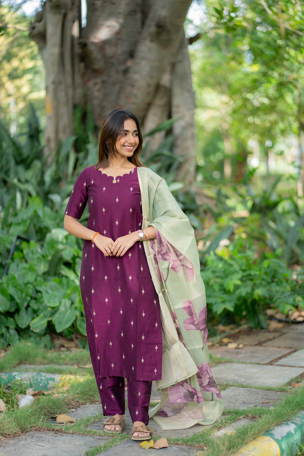 AA291 Wine Purple Raw Silk Top & Pant With pastel Green Tissue Silk Floral Dupatta