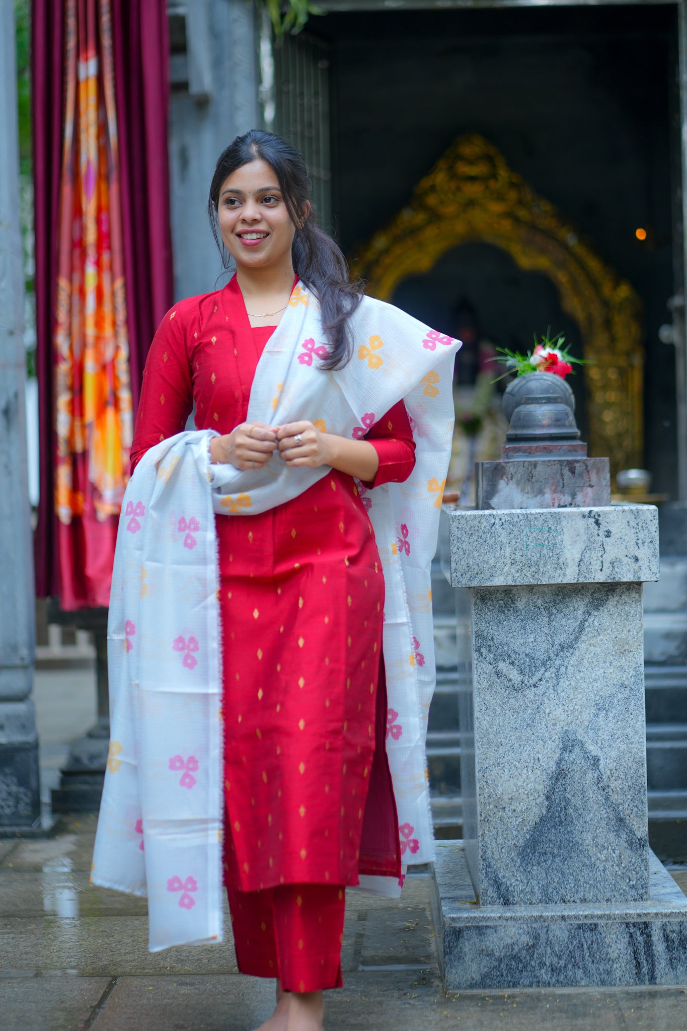 AA120 Cherry Red Raw Silk Kurti & Pant with Kota Dupatta (3 pc Set)
