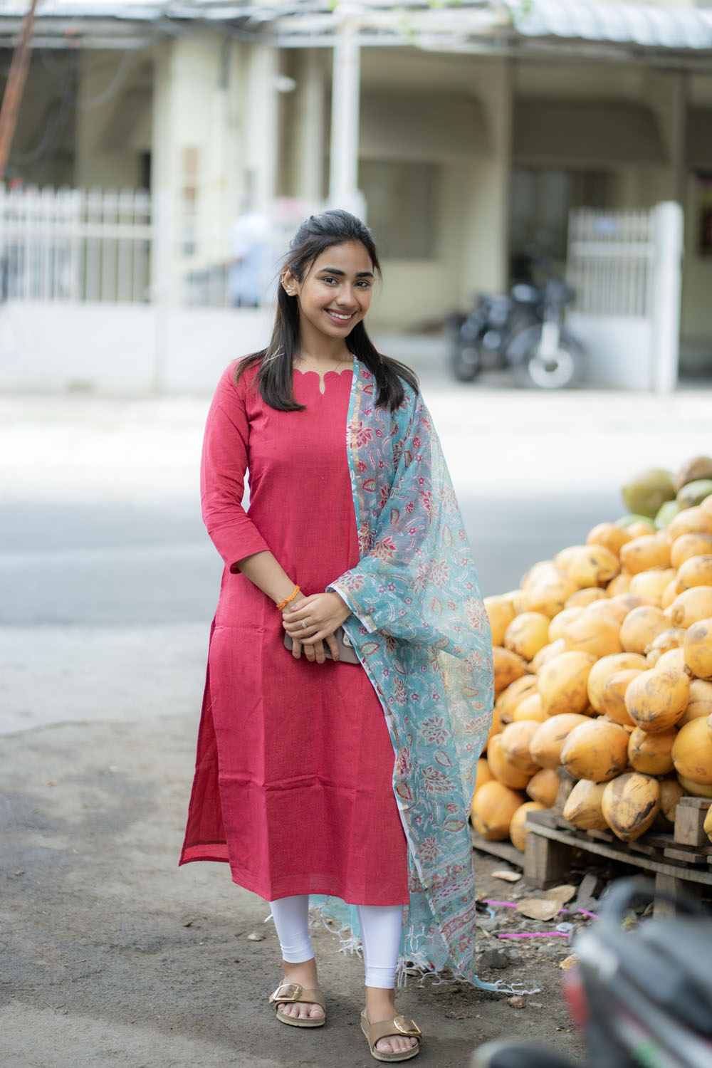 AA224 Red Cotton Top with Kota Dupatta