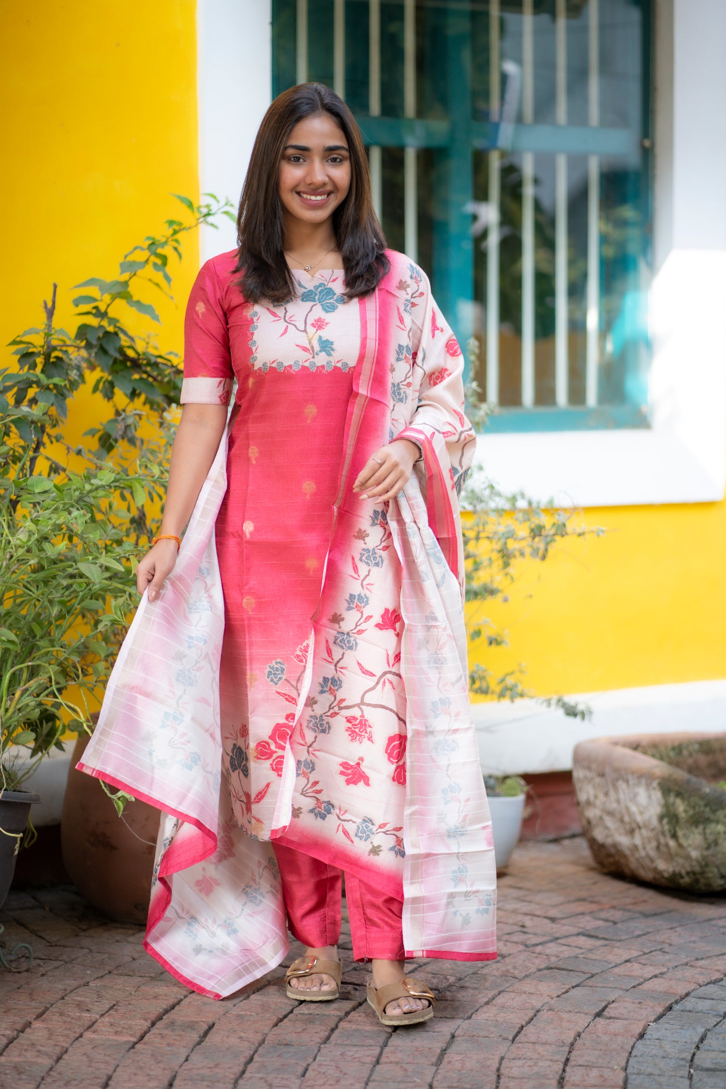 AA165 Red with Peach Floral Kollam Silk 3 Pc Set