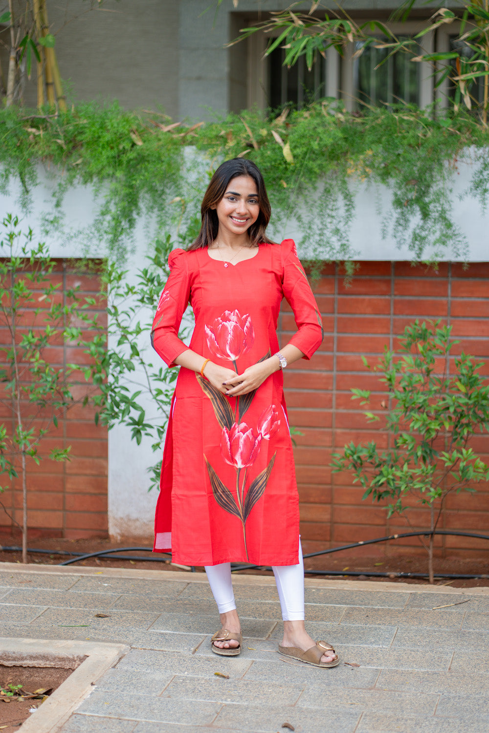 AA301 Corel Red Tulip Print Muslin Silk Kurti