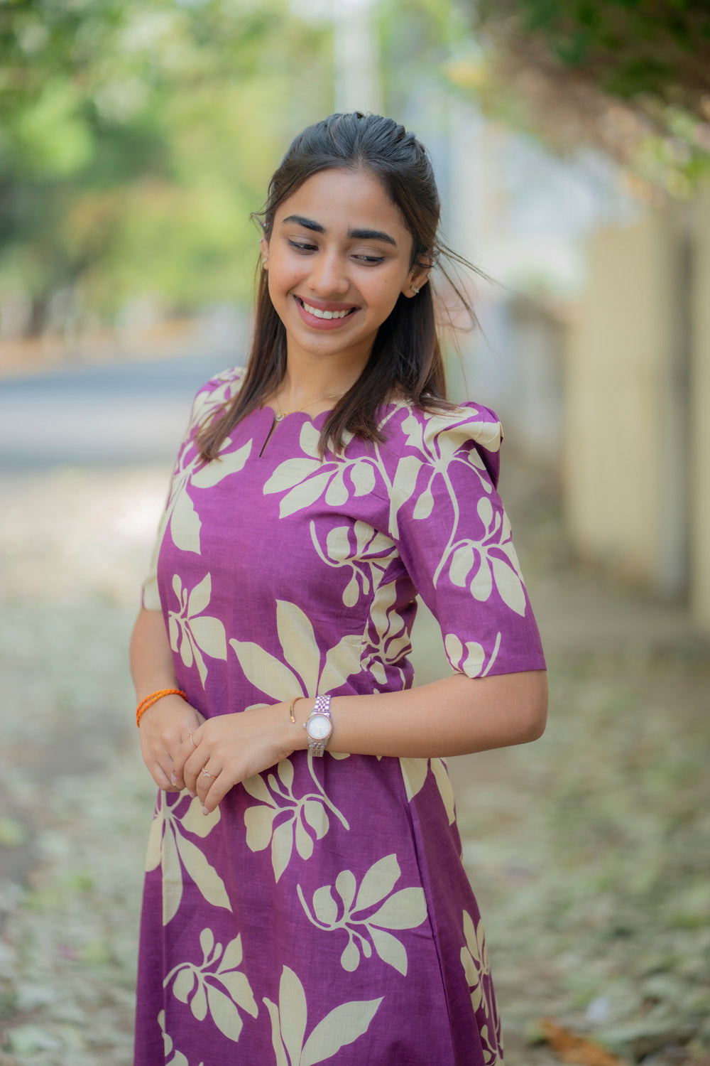 AA236 Purple Floral Cotton Aline Dress