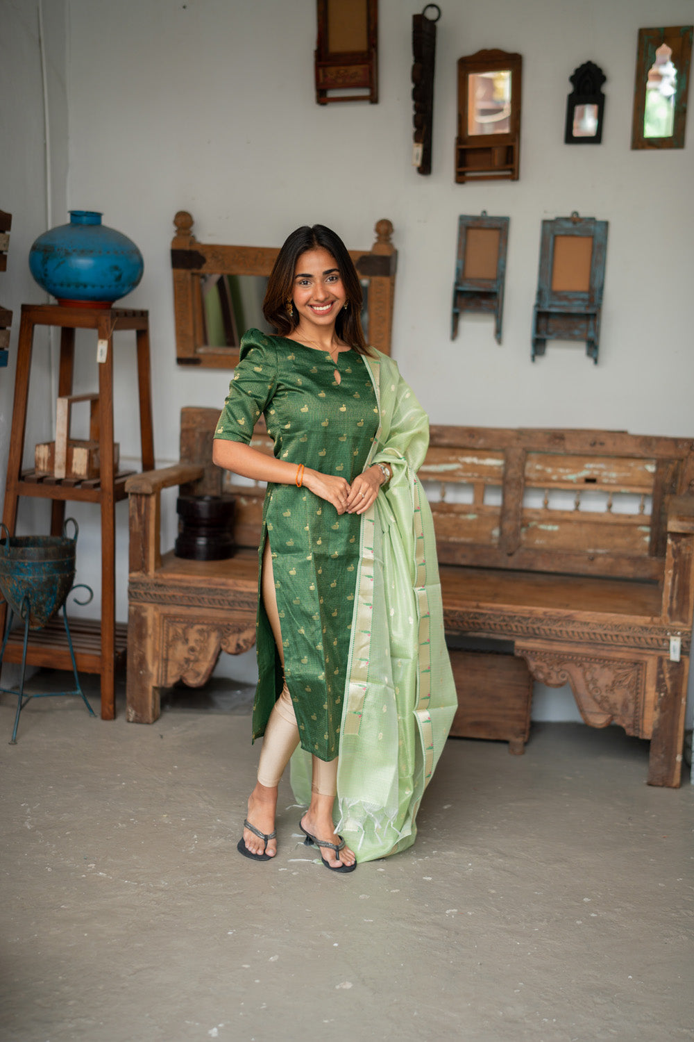 AA311 Bottle Green Checks Swan Print Tissue Silk Kurti with Light green Checks Paithani Border Tissue Silk Dupatta