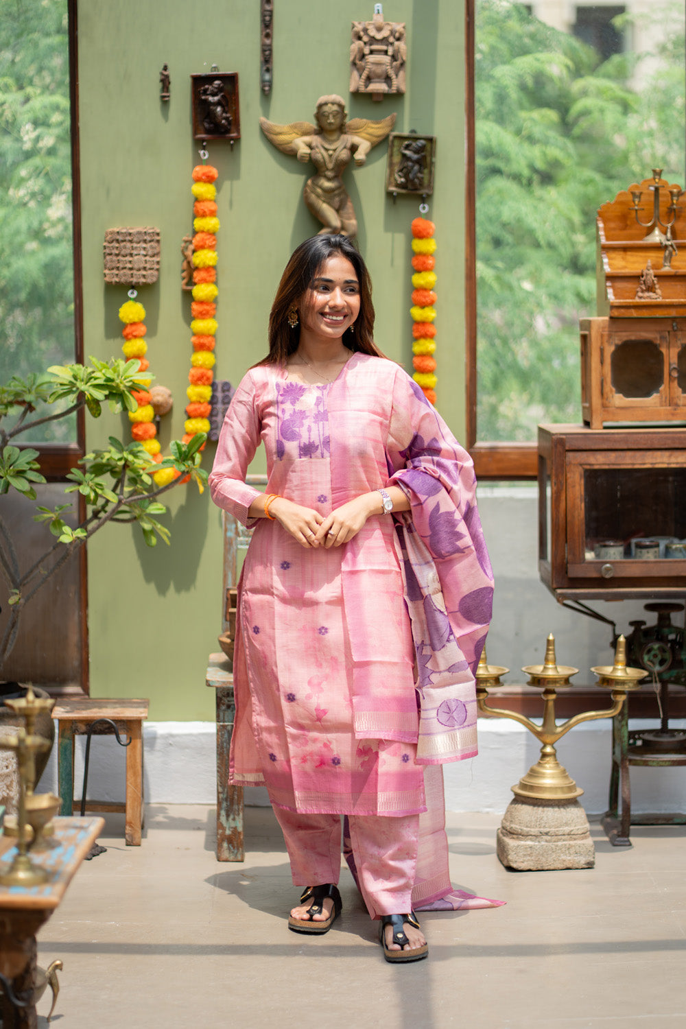 Pink with Purple Combo Swan & Pichwai Print Jamdhani Silk Salwar Set