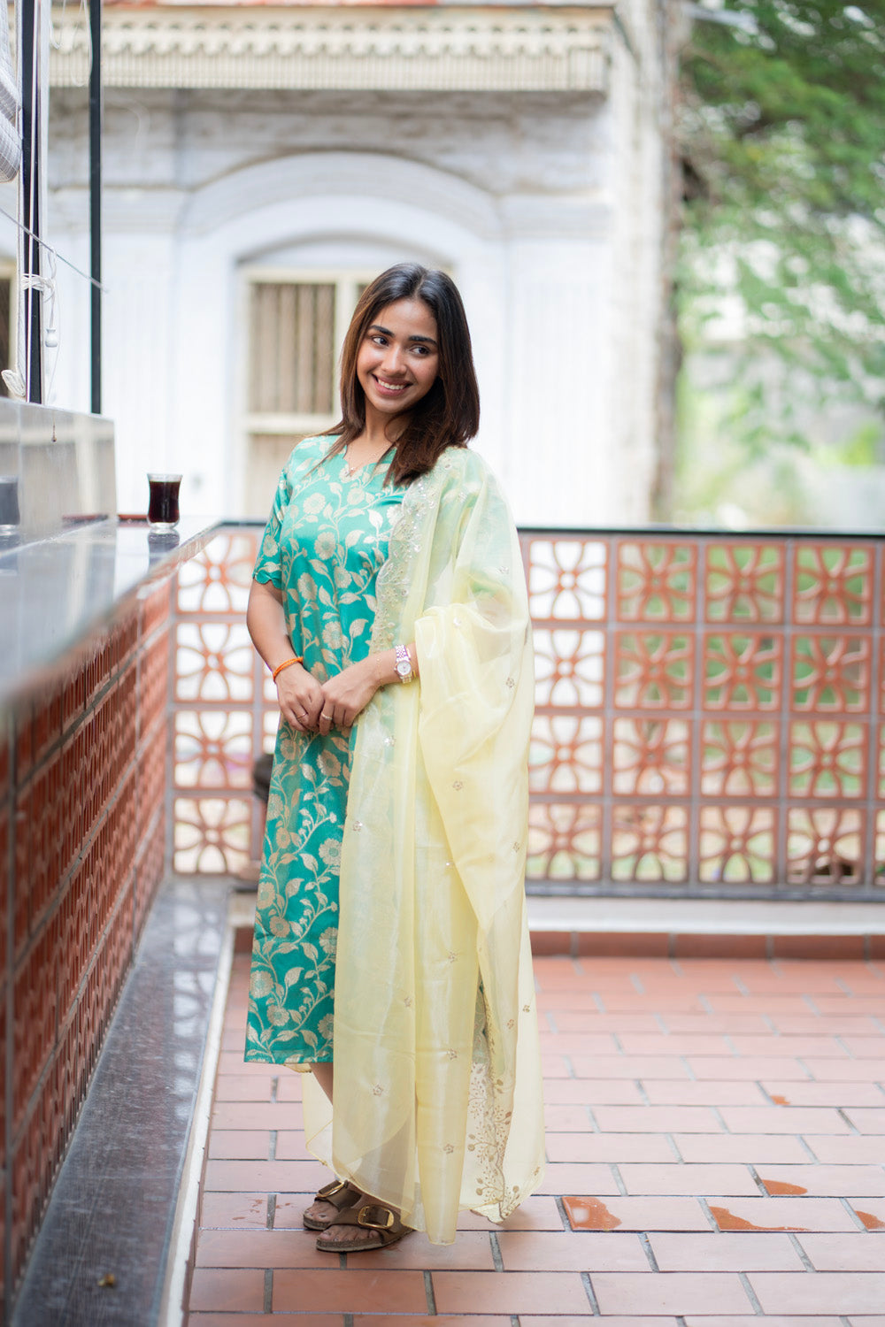 AA285 Turquoise Blue Brocade Silk Kurti With Yellow Shimmer Designer Dupatta