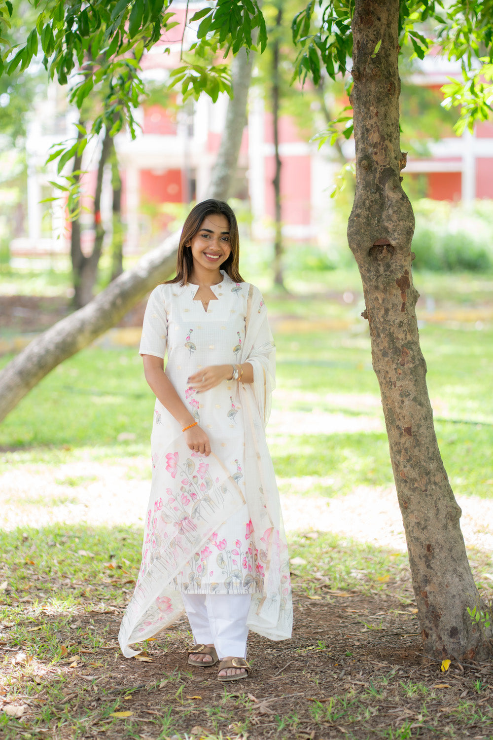 AA295 White Kota Salwar Set with Beautiful Lotus Print & Golden Motifs