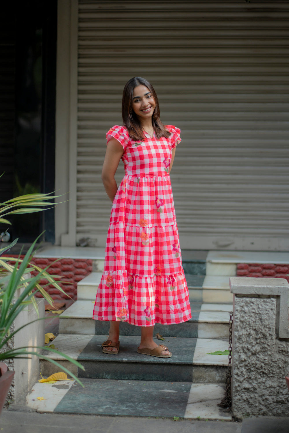 AA231 Red Checks floral Cotton Maxi