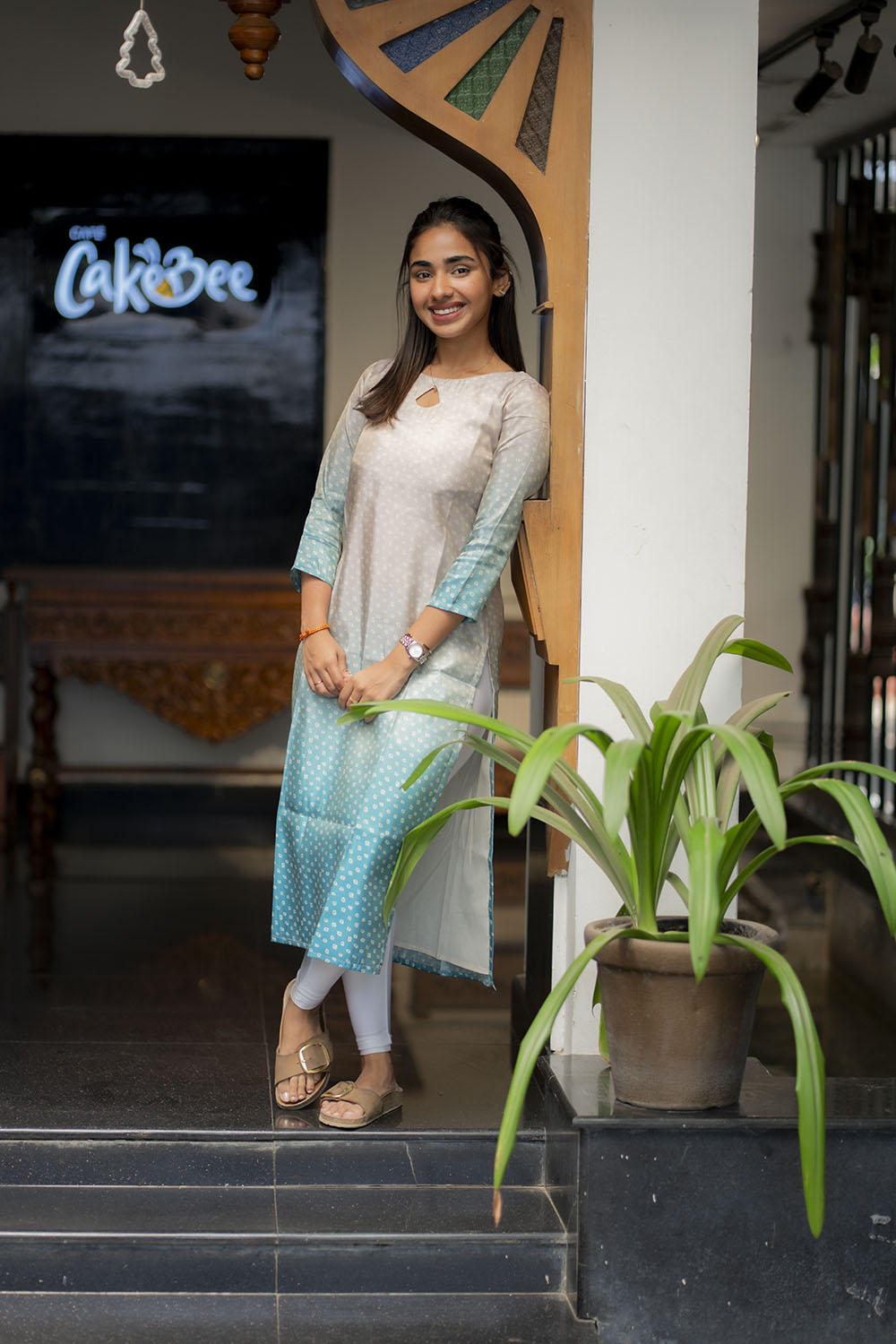 AA206 Beige with Blue Combo Bandhani Silk Kurti