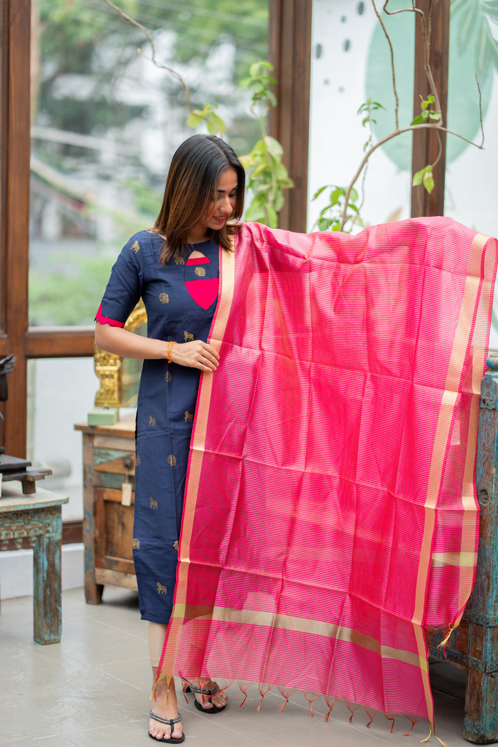 Dark Blue Raw Silk Kurti with Golden Elephant & Horse motifs Paired with Rani Pink Zari Checks Dupatta(Neck & sleeve patched with Rani pink Silk fabric)