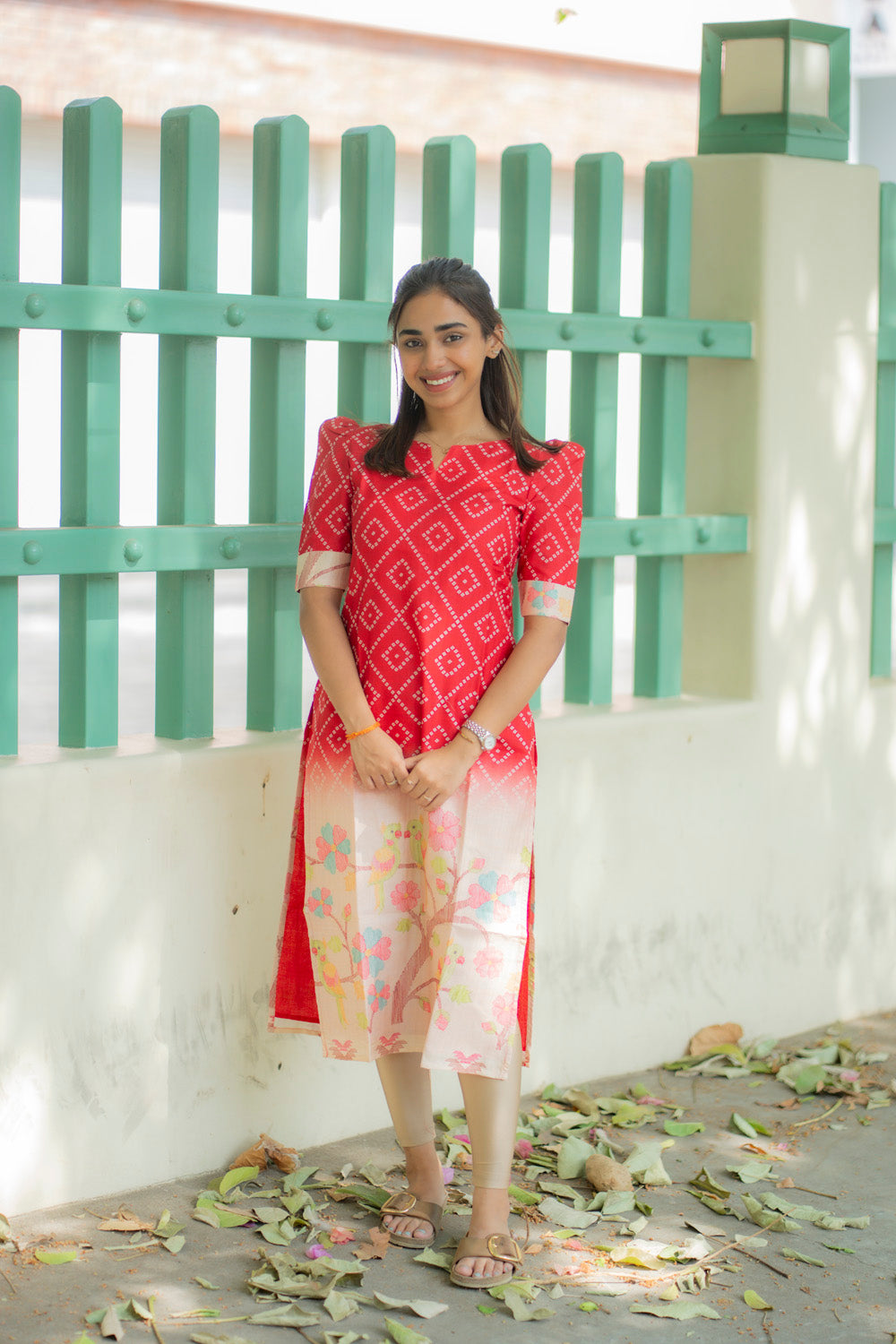 AA237 Red Bandhani with Beige Floral Parrot Print Kurti